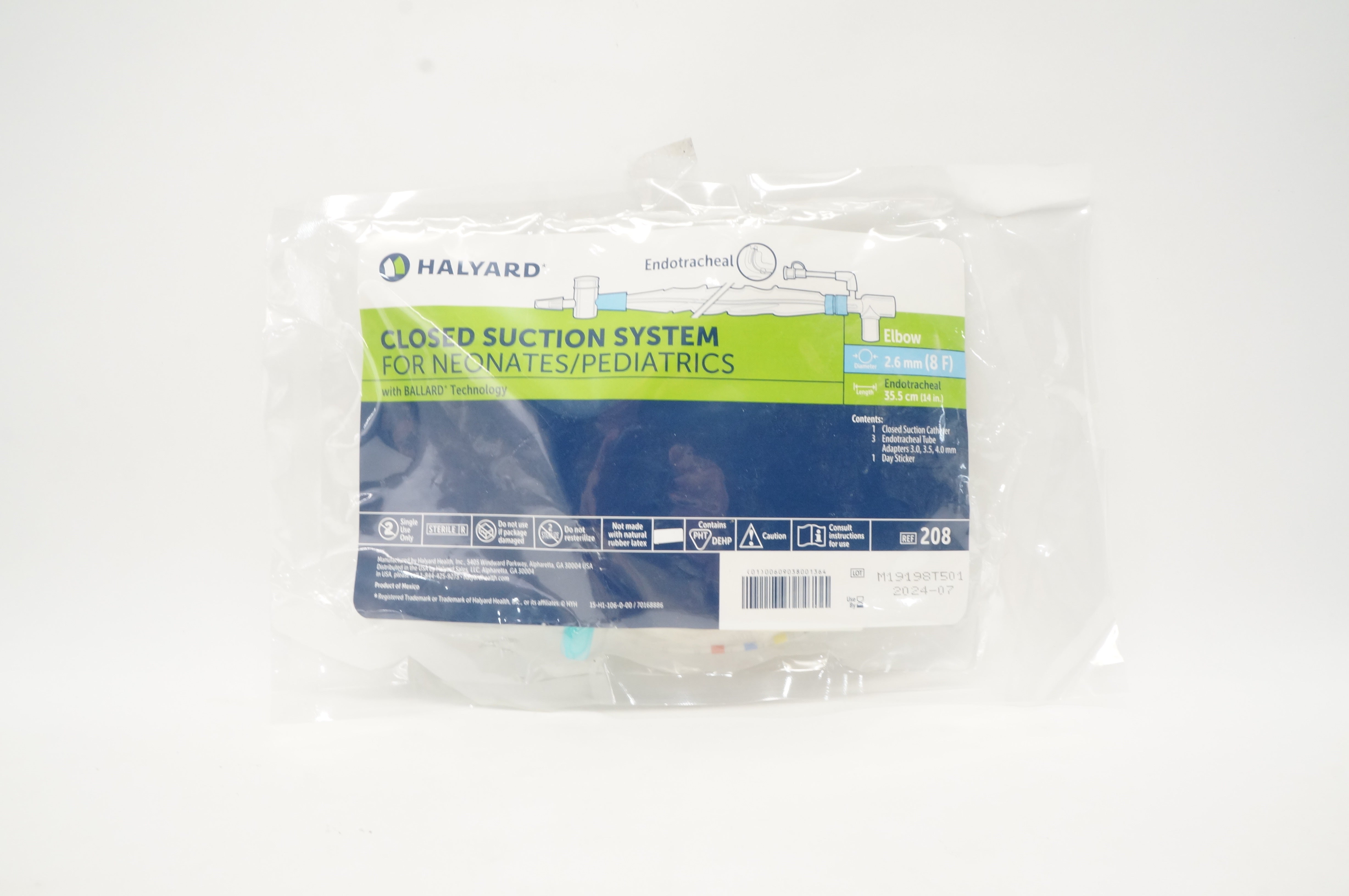 Halyard 208 Closed Suction Cath, Elbow, Neonatal/Pediatric 8Fr x 14inch