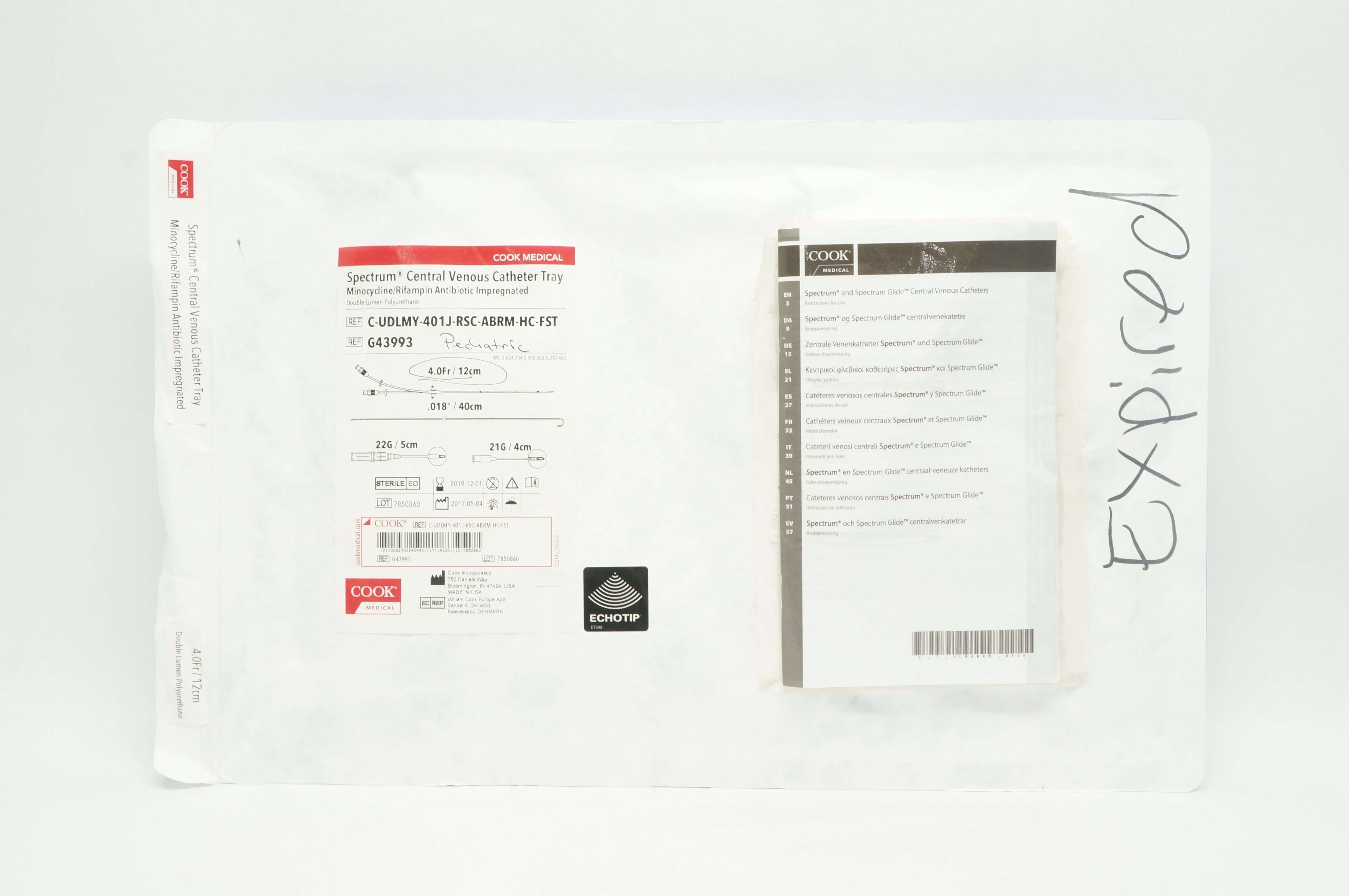 Cook Medical G43993 Spectrum Central Venous Cath.Tray 4 Fr x 018in. x22Gx21G (x)