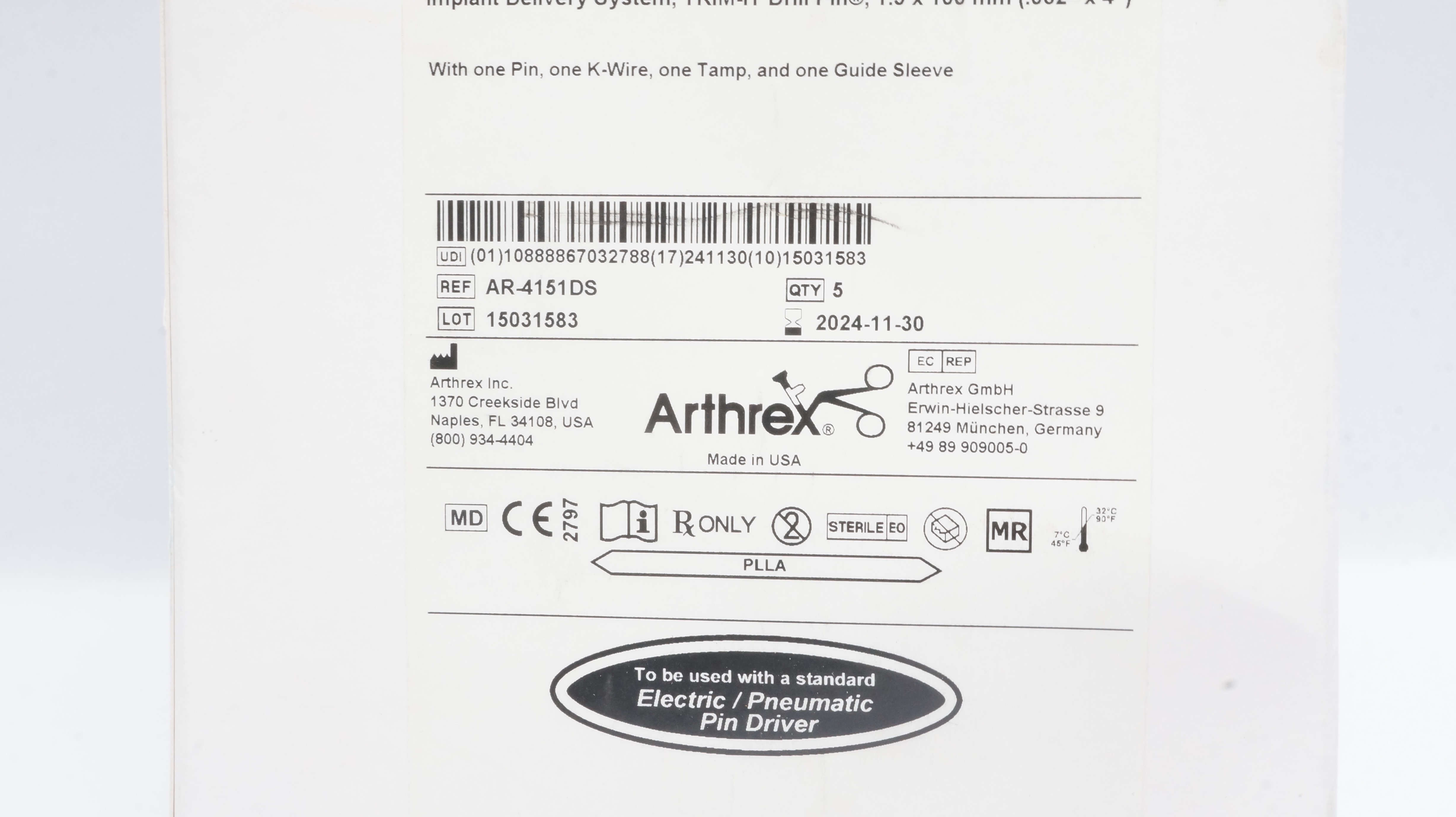 Arthrex AR-4151DS Implant Delivery System,TRIM-IT Drill Pin .062x4inch -Box of 5