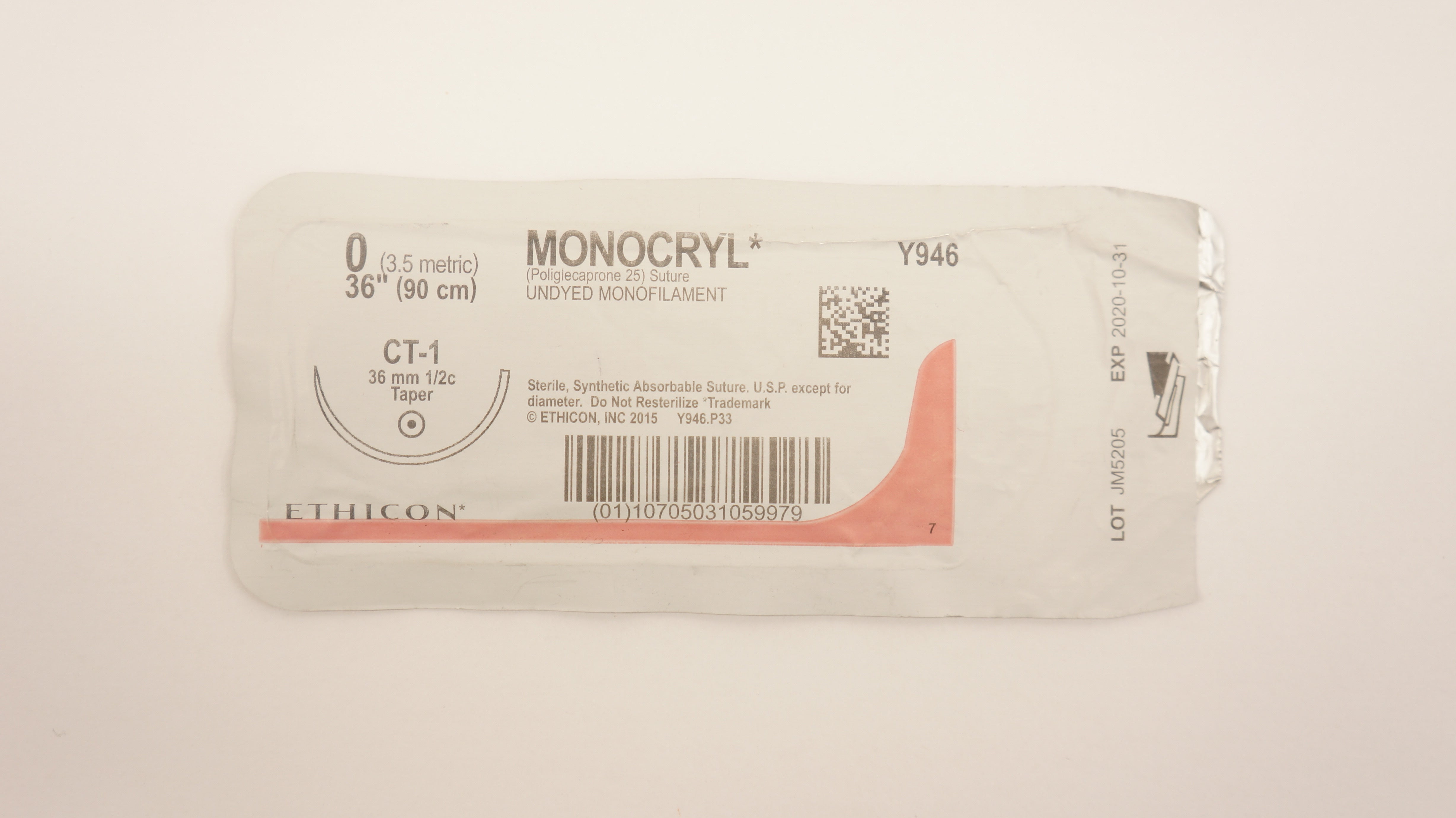 Ethicon Y946 0 Monocryl Stre, CT-1 36mm 1/2c Taper, 36inch (x)