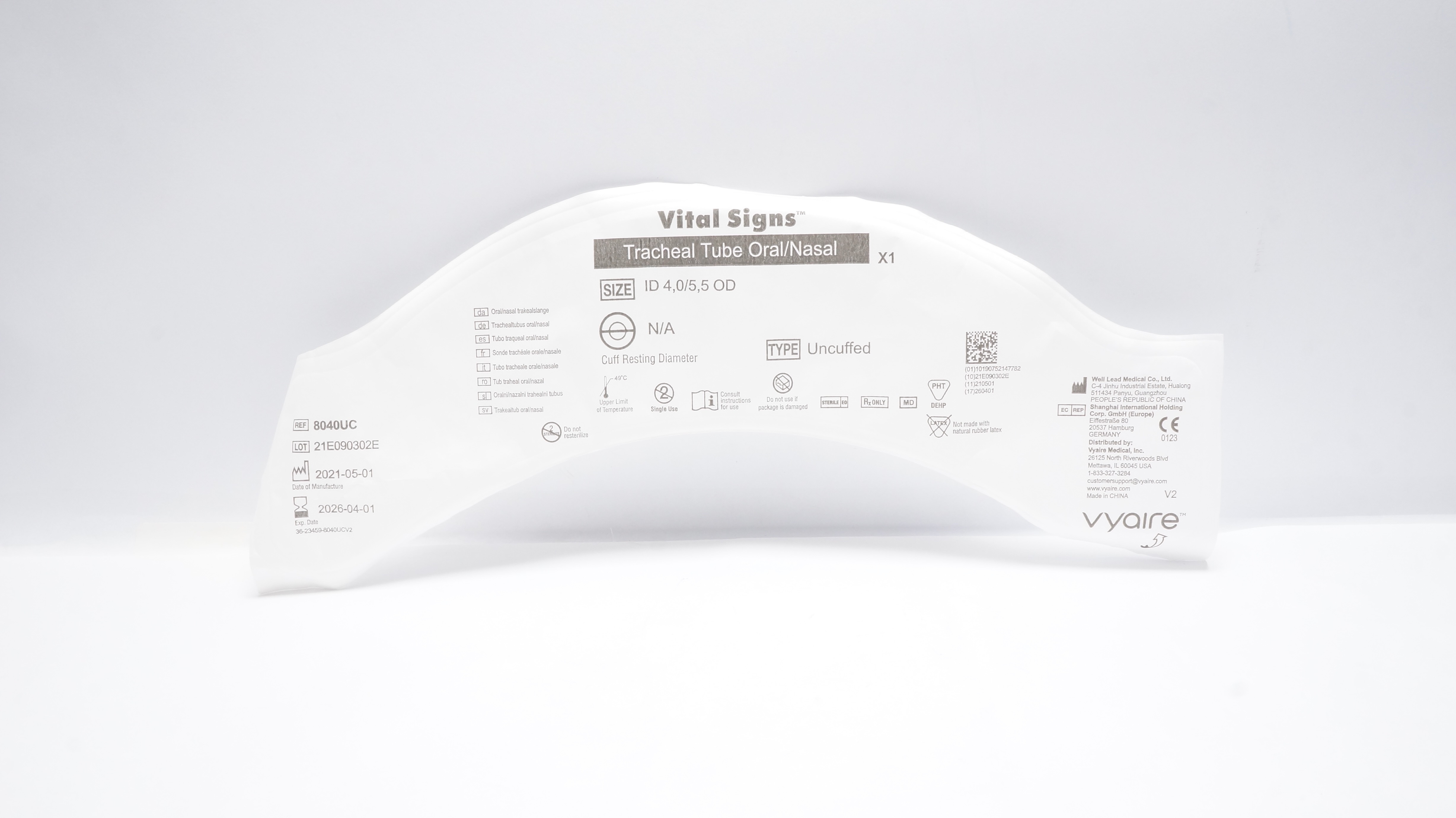 Well Lead Medical 8040UC Vital Signs Tracheal Tube Oral/Nasal Uncuffed 4.0 ID