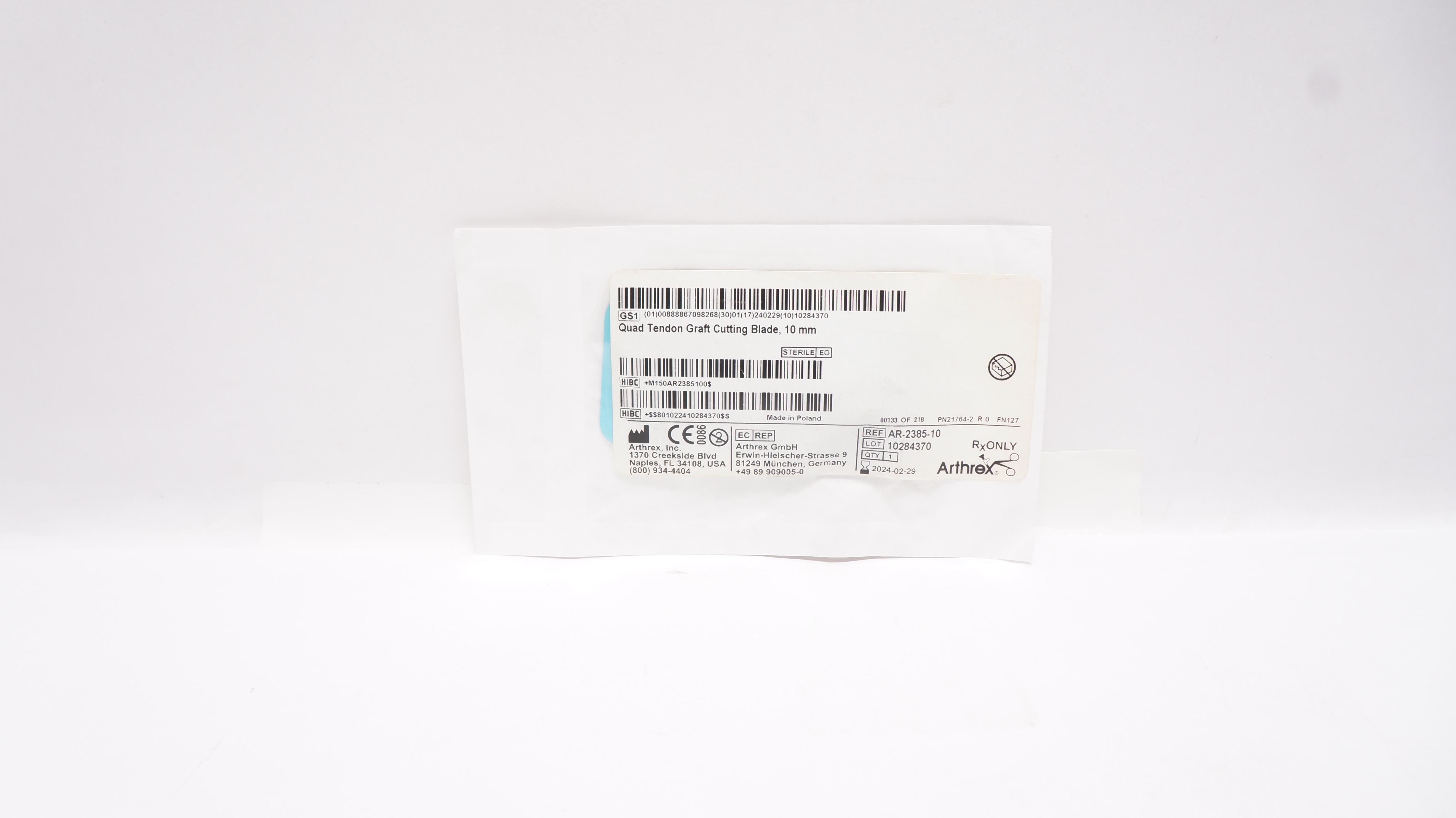 Arthrex AR-2385-10 Quad Tendon Graft Cutting Blade, 10mm