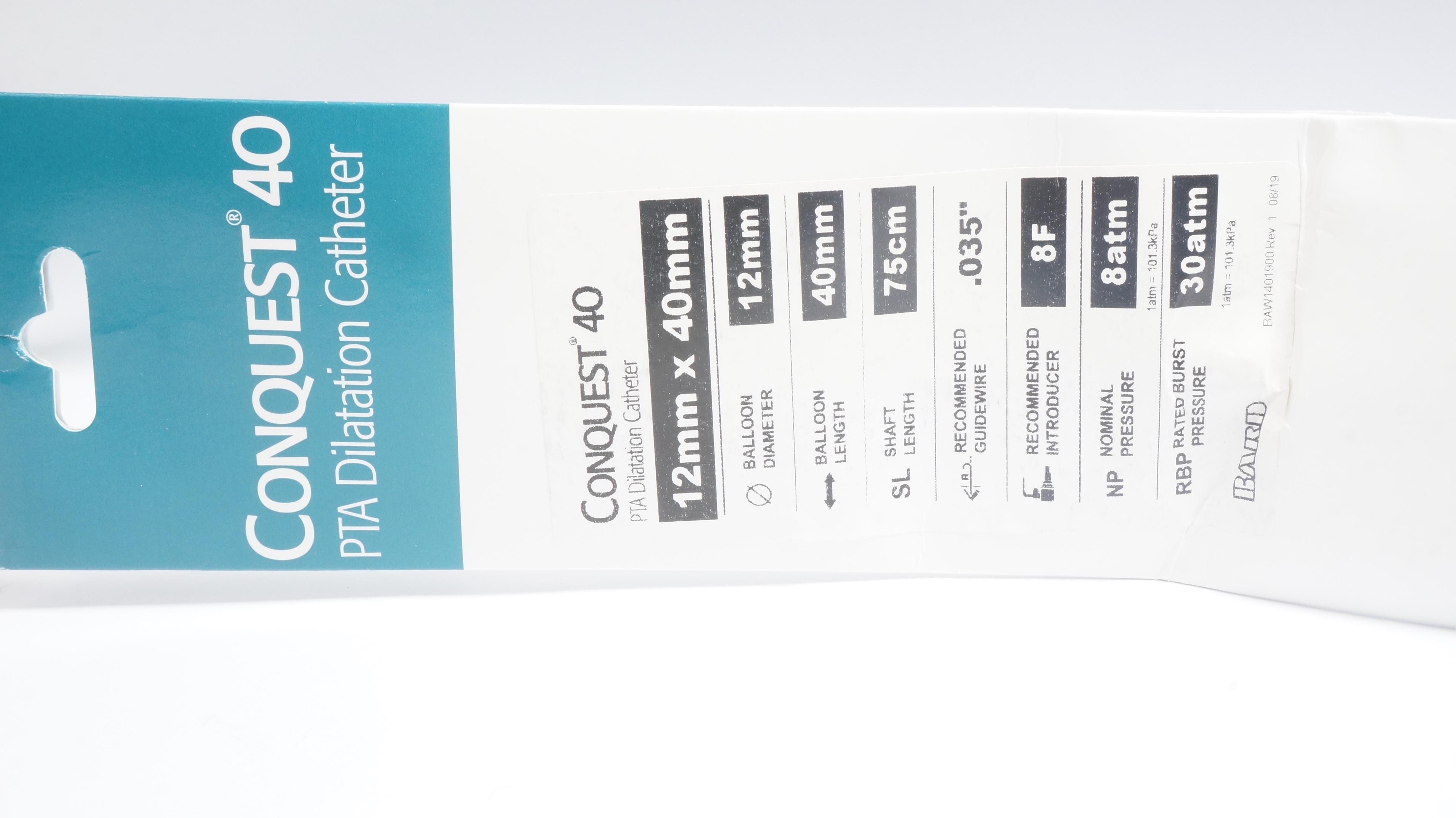 Bard CQF75124 Conquest 40 PTA Balloon Dilatation Cath. 8F 12 x 40mm (x)