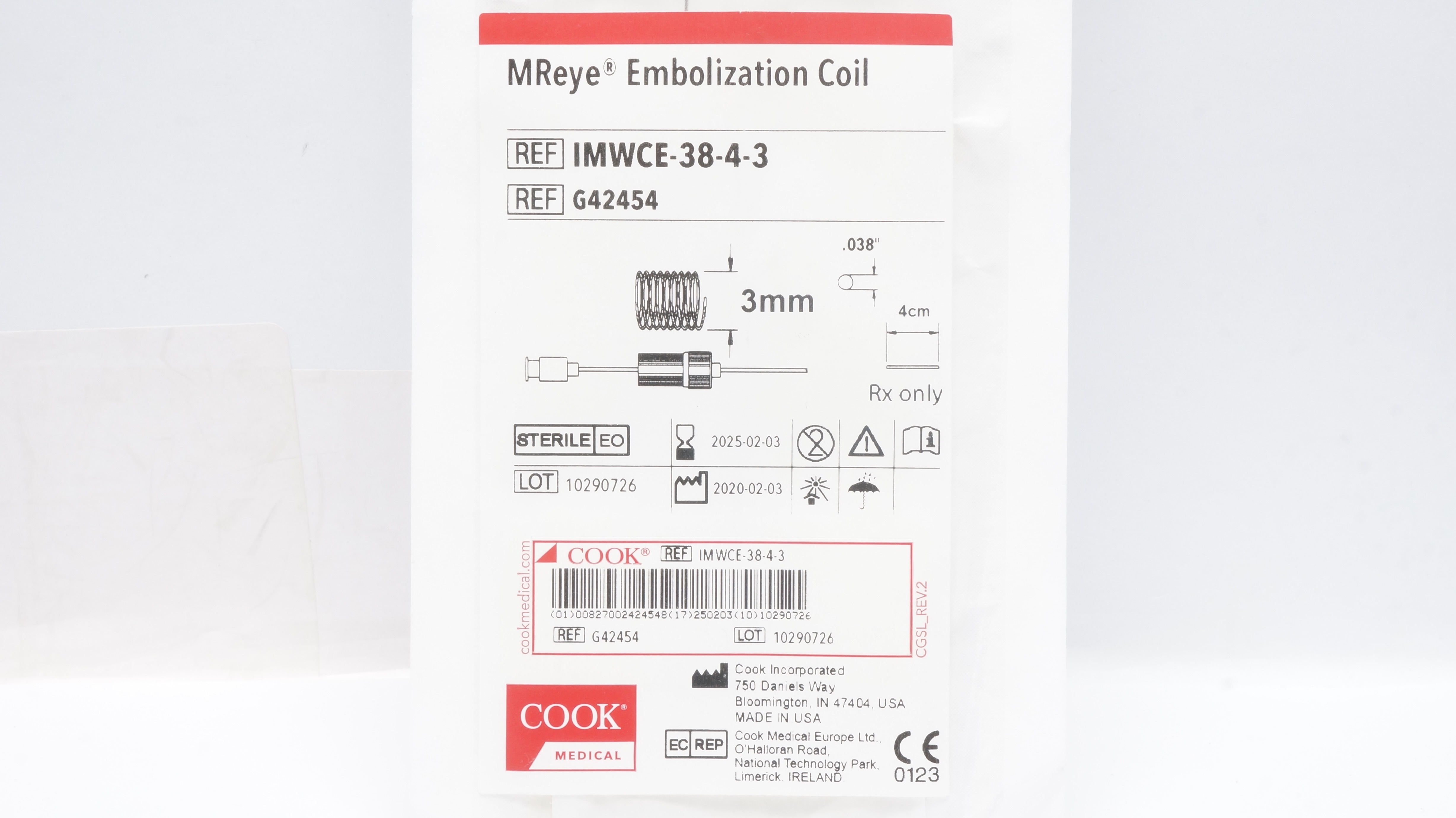 Cook G42454 MReye Embolization Coil 3mm x 4cm x .038inch (x)