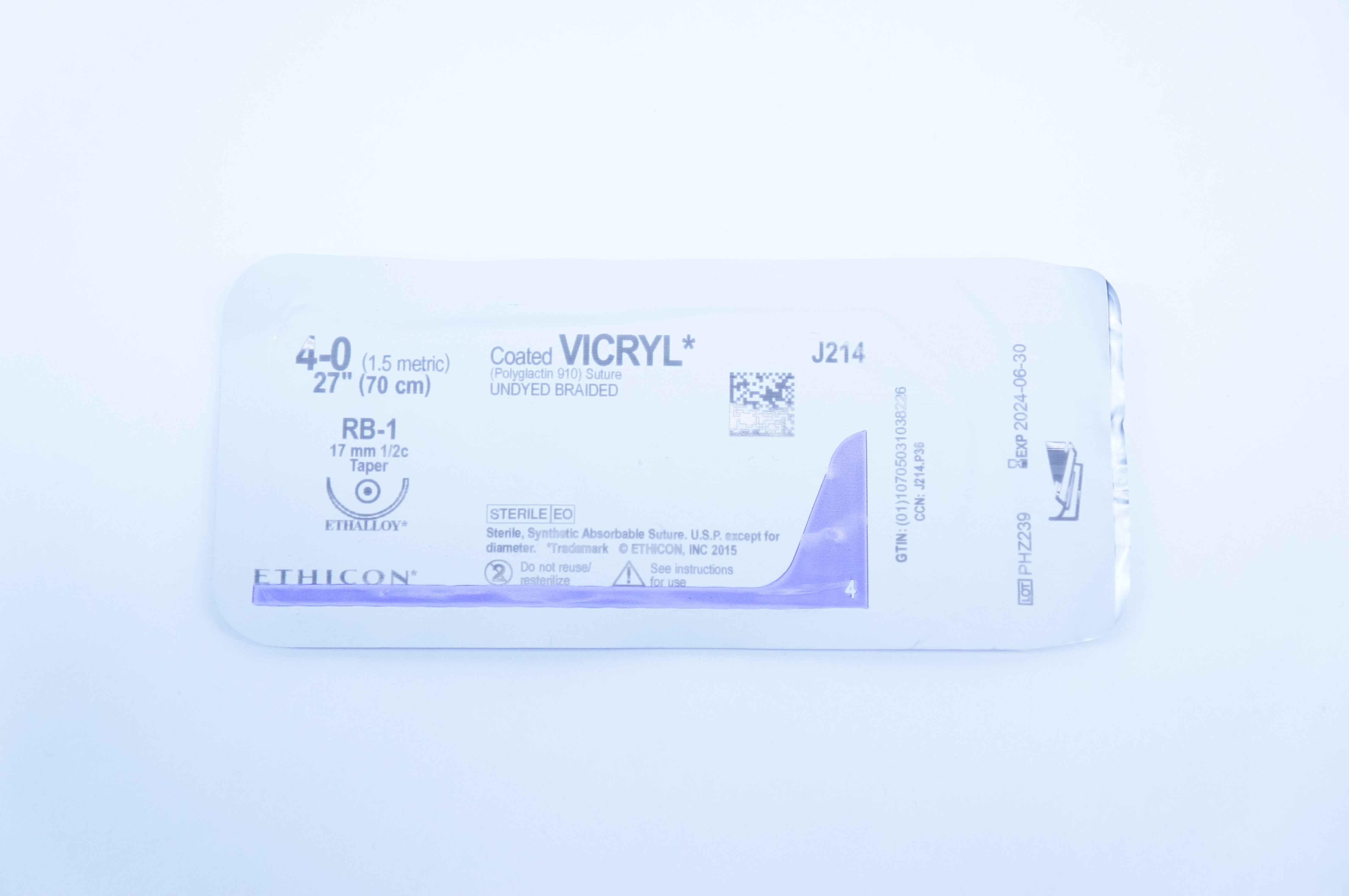 Ethicon J214 4-0 Vicryl  Stre. Undyed Braided, RB-1 17mm Tapper, 27inch