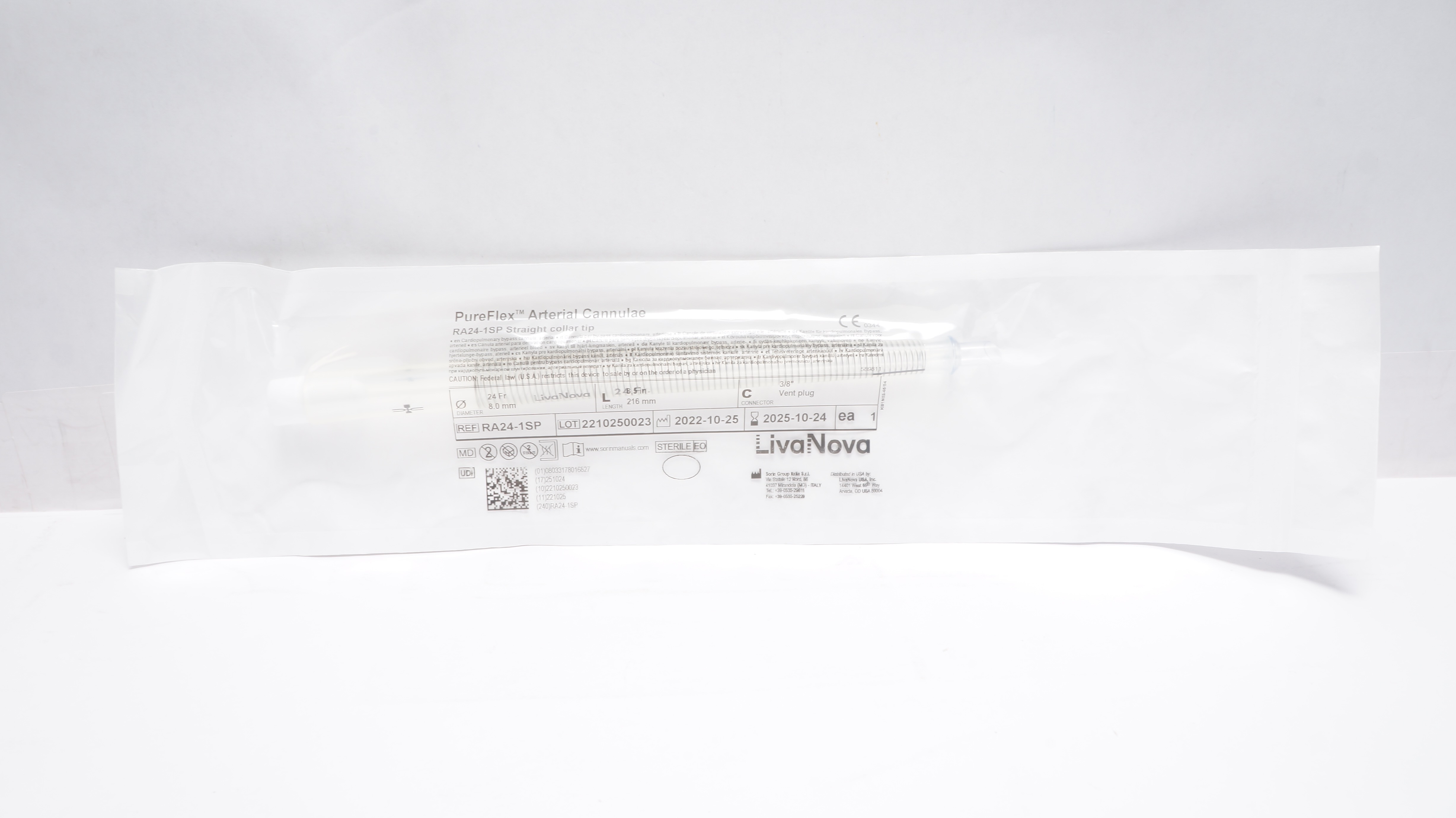 LivaNova RA24-1SP PureFlex Arterial Cannulae,Straight Collar Tip 24Fr x 8.5In