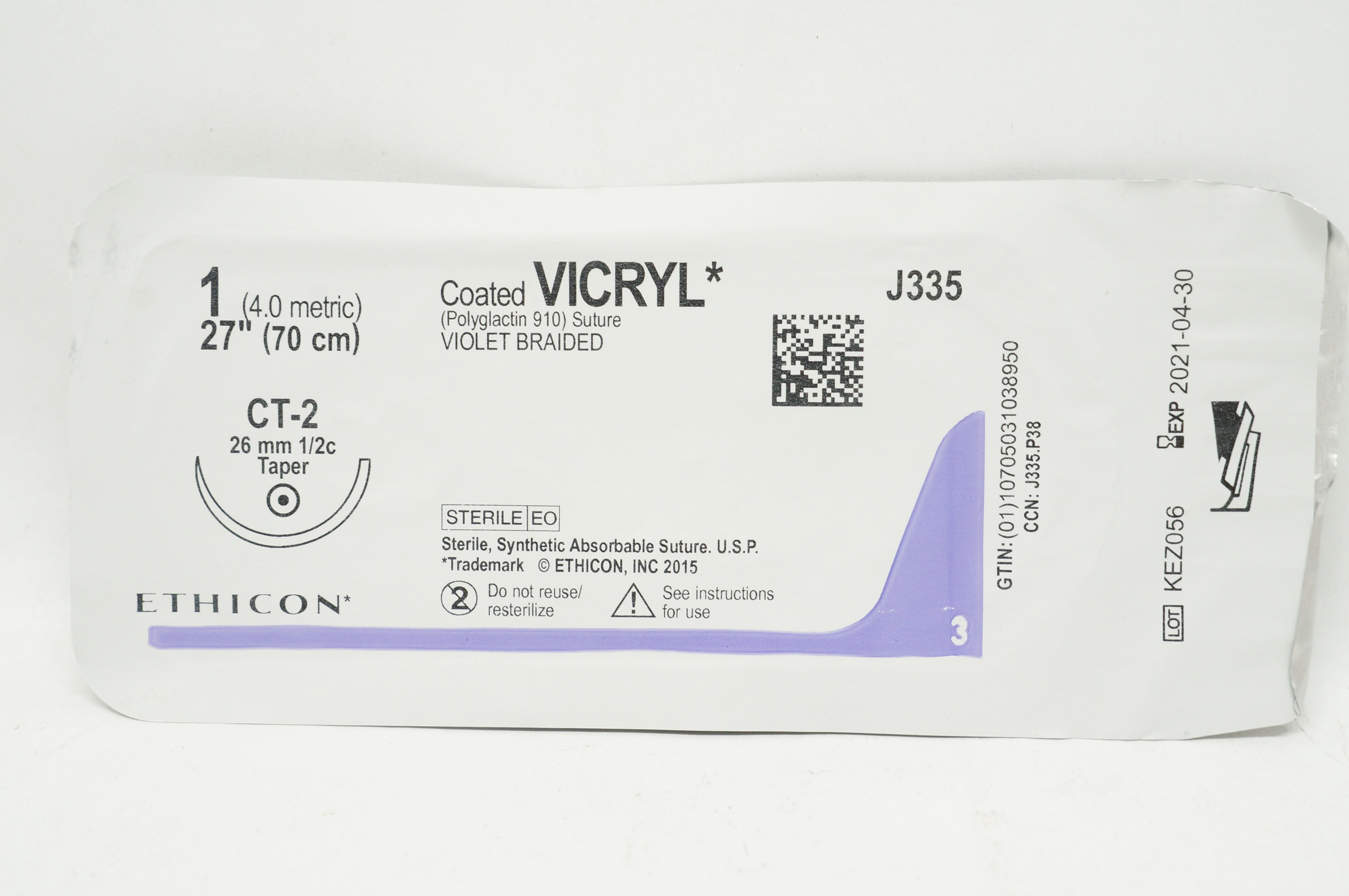 Ethicon J335 1 Coated Vicryl Polyglactin Stre CT-2, 26mm 1/2c Taper, 27inch (x)