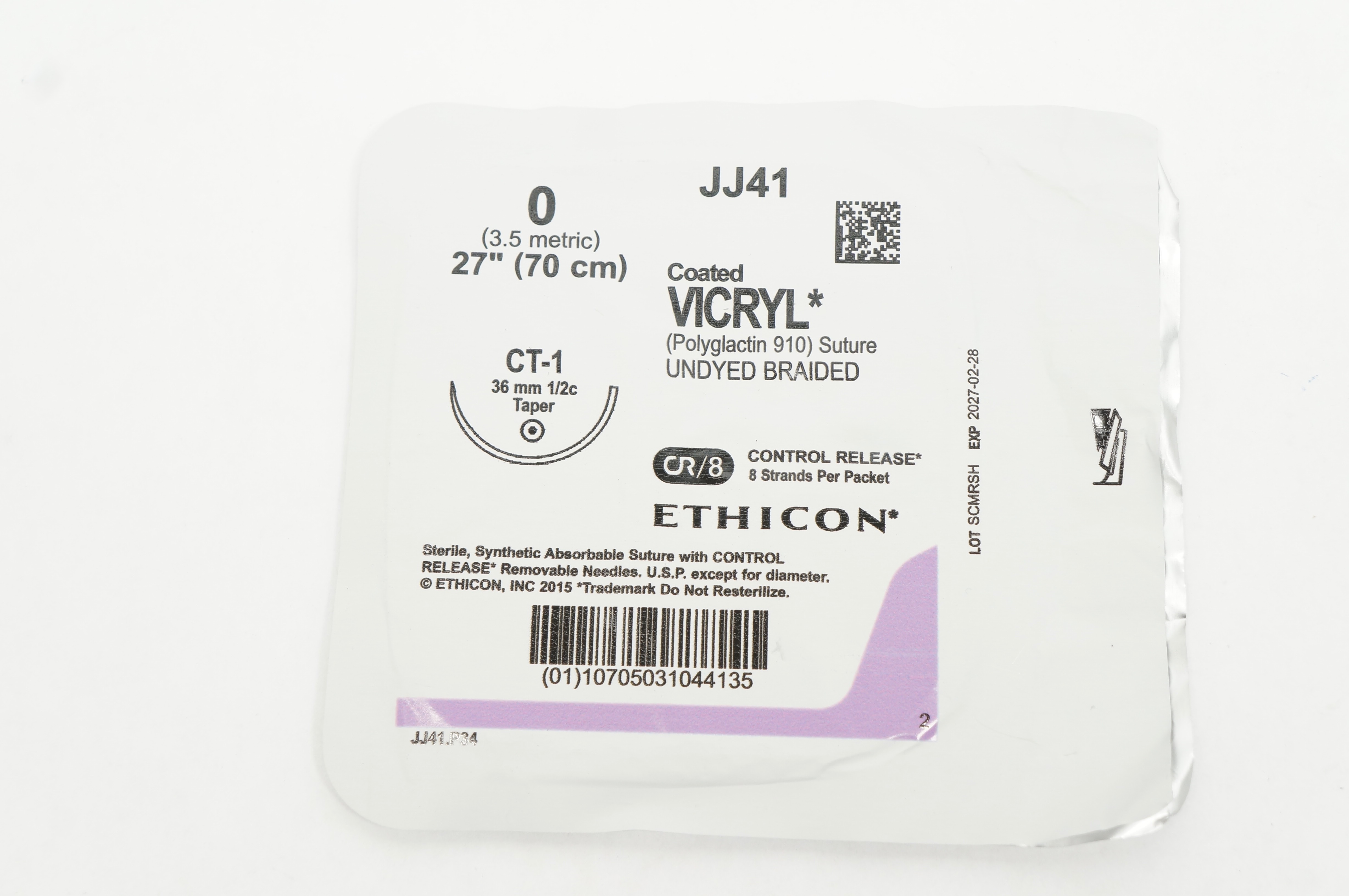 Ethicon JJ41 0 Coated VICRYL Polyglactin 910 Stre CT-1 36mm 1/2c Taper 27inch
