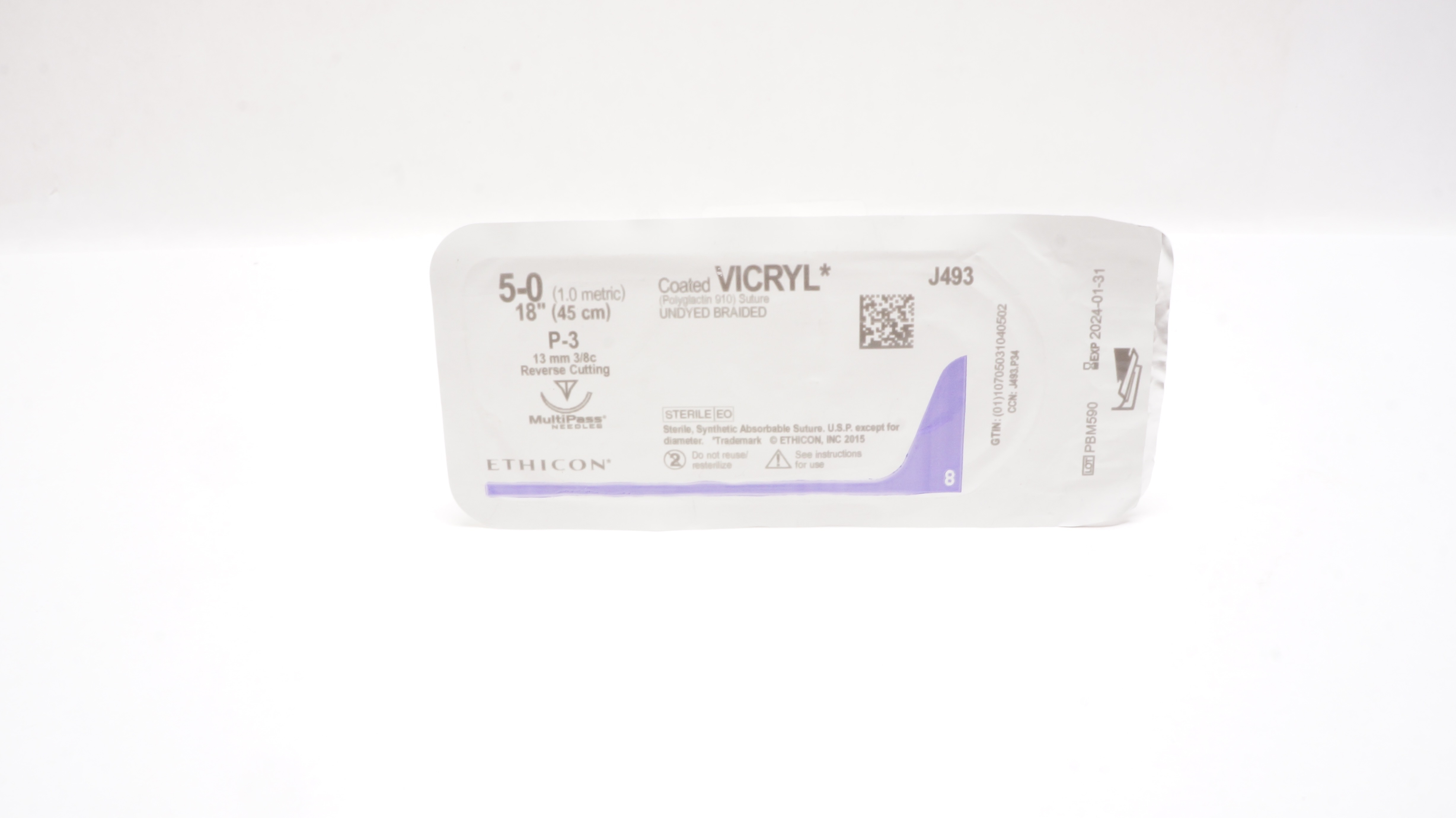 Ethicon J493 5-0 Coated VICRYL, P-3, 13mm 3/8c Reverse Cutting, 18inch