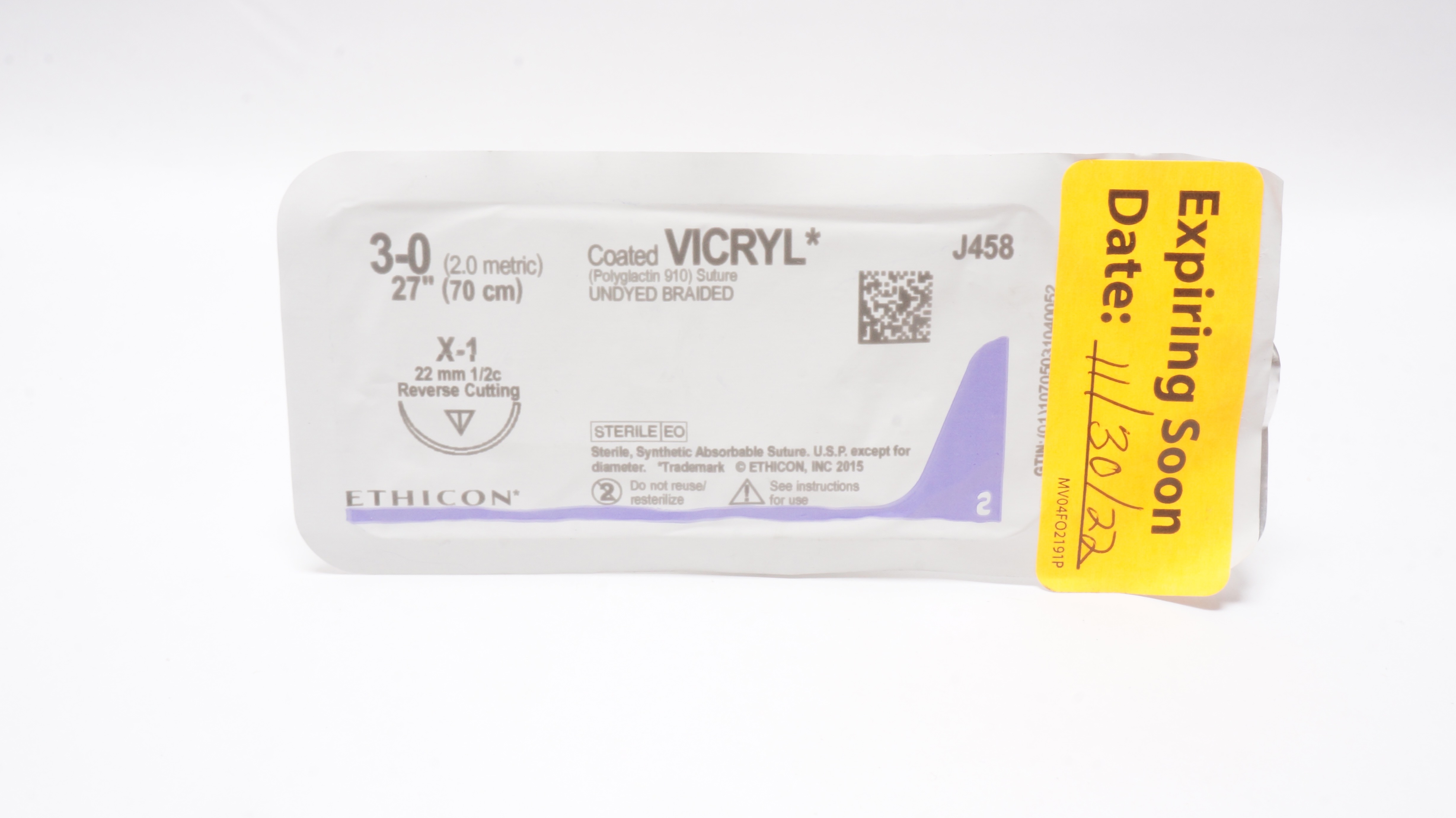 Ethicon J458 3-0 Coated VICRYL Stre X-1 22mm 1/2c Reverse Cutting 27inch (x)