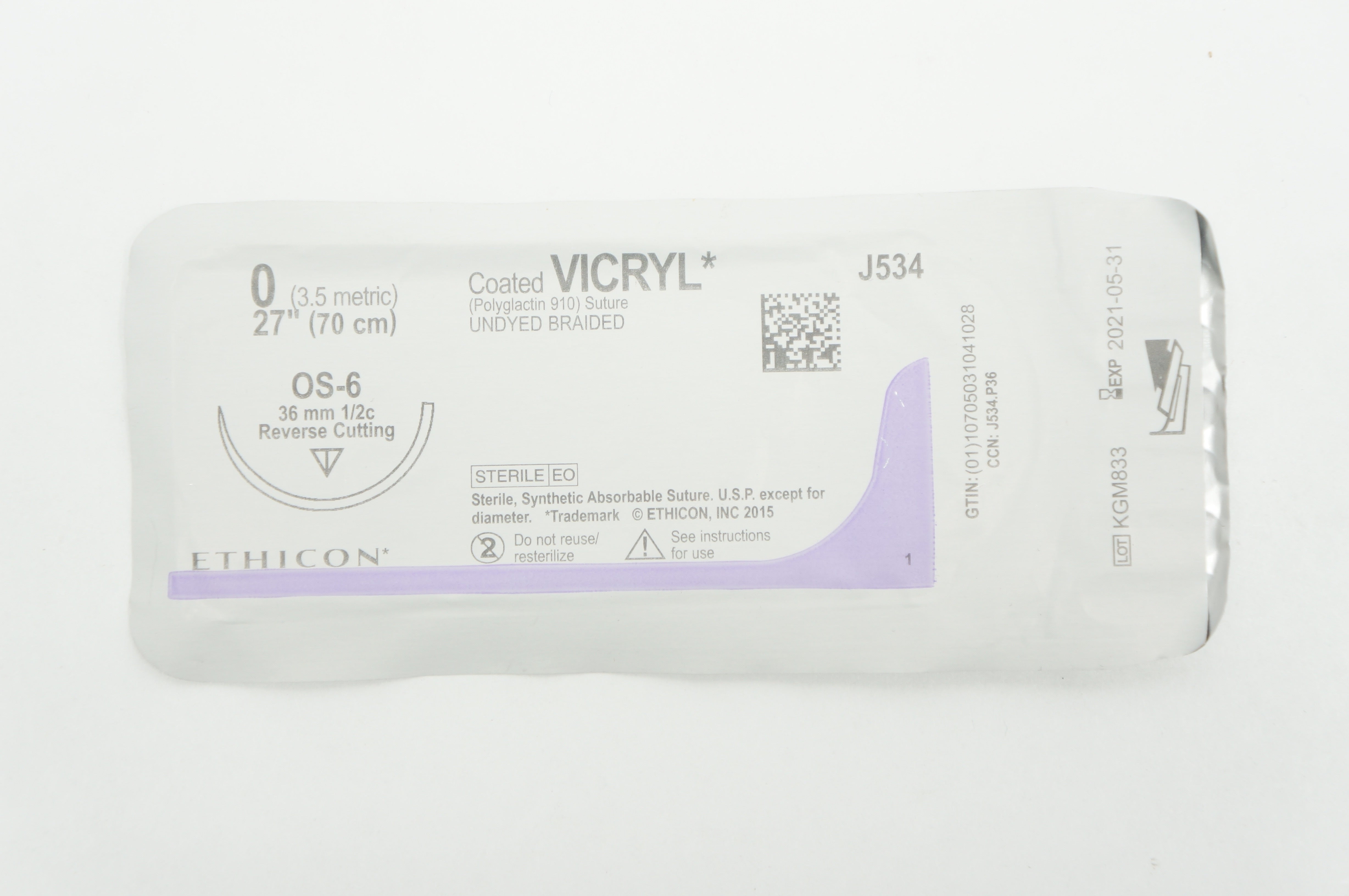 Ethicon J534 0 Vicryl OS-6 36mm 1/2c Reverse Cutting 27 inch