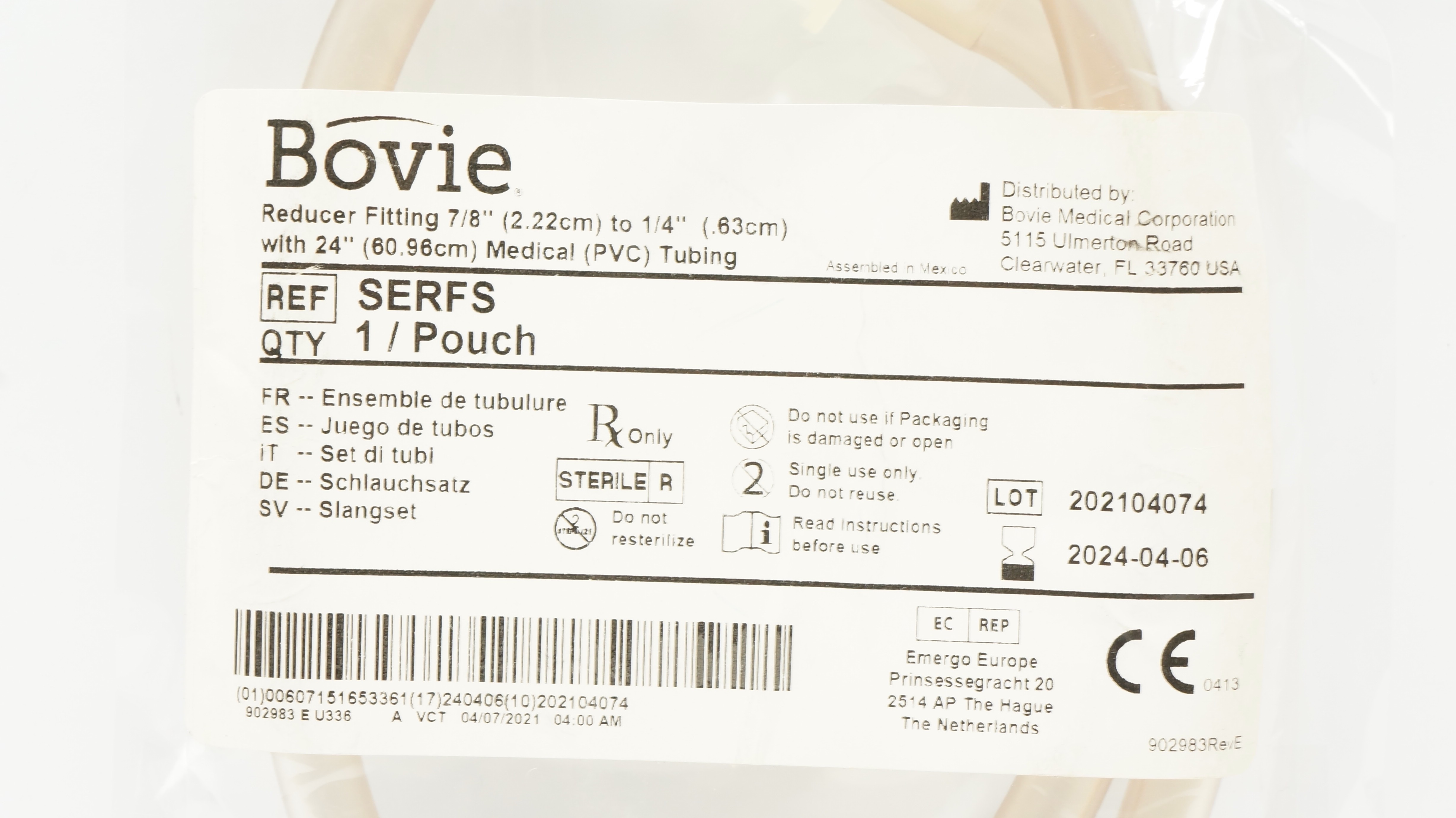 Bovie Medical SERFS Reducer Fitting 7/8 to 1/4inch w/24inch Medical Tubing (x)