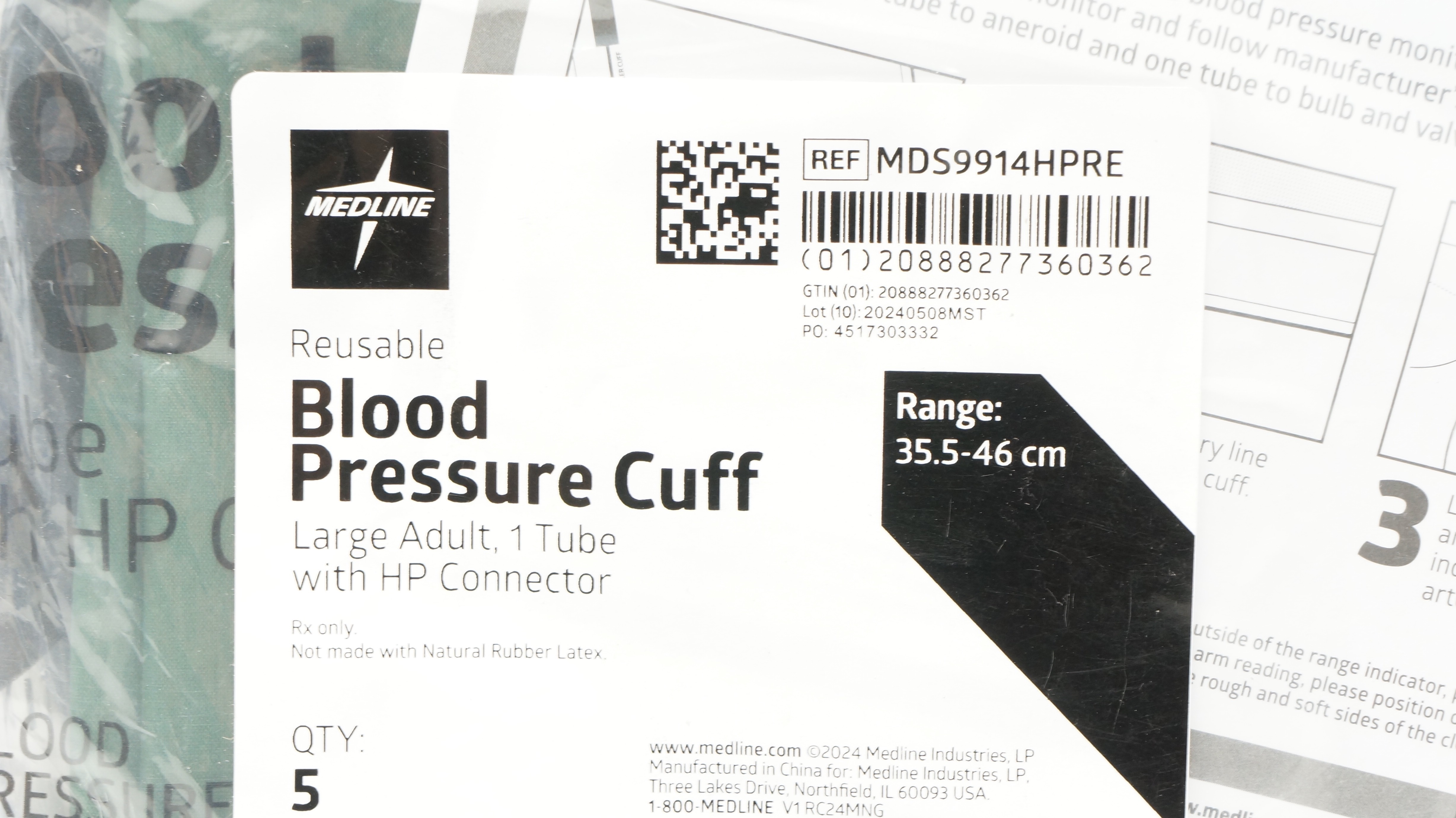 Medline MDS9914HPRE Blood Pressure Cuff Large Adult 35.5-46cm