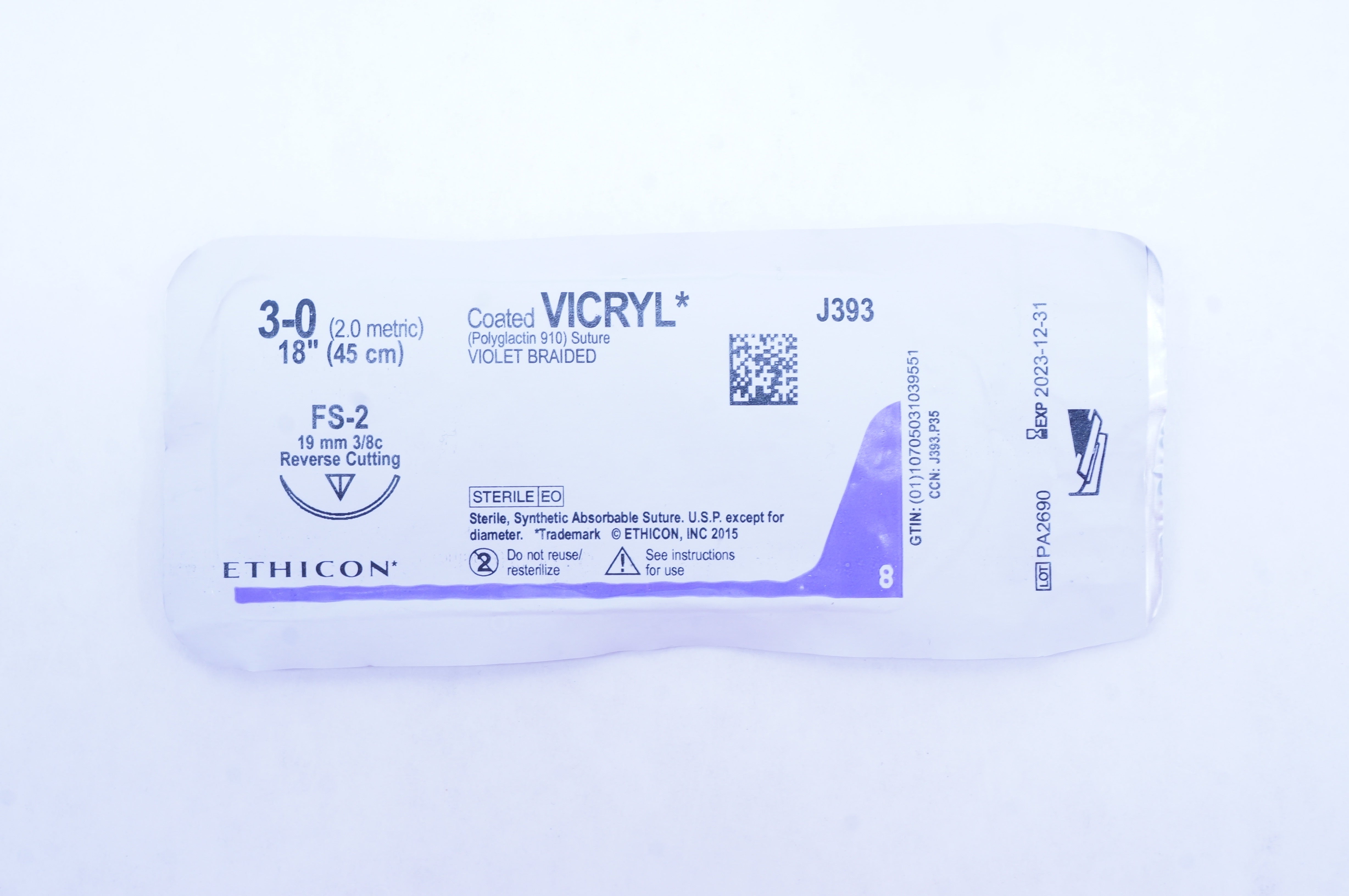 Ethicon J393 3-0 Coated VICRYL Stre, FS-2 19mm 3/8c Reverse Cutting, 18inch