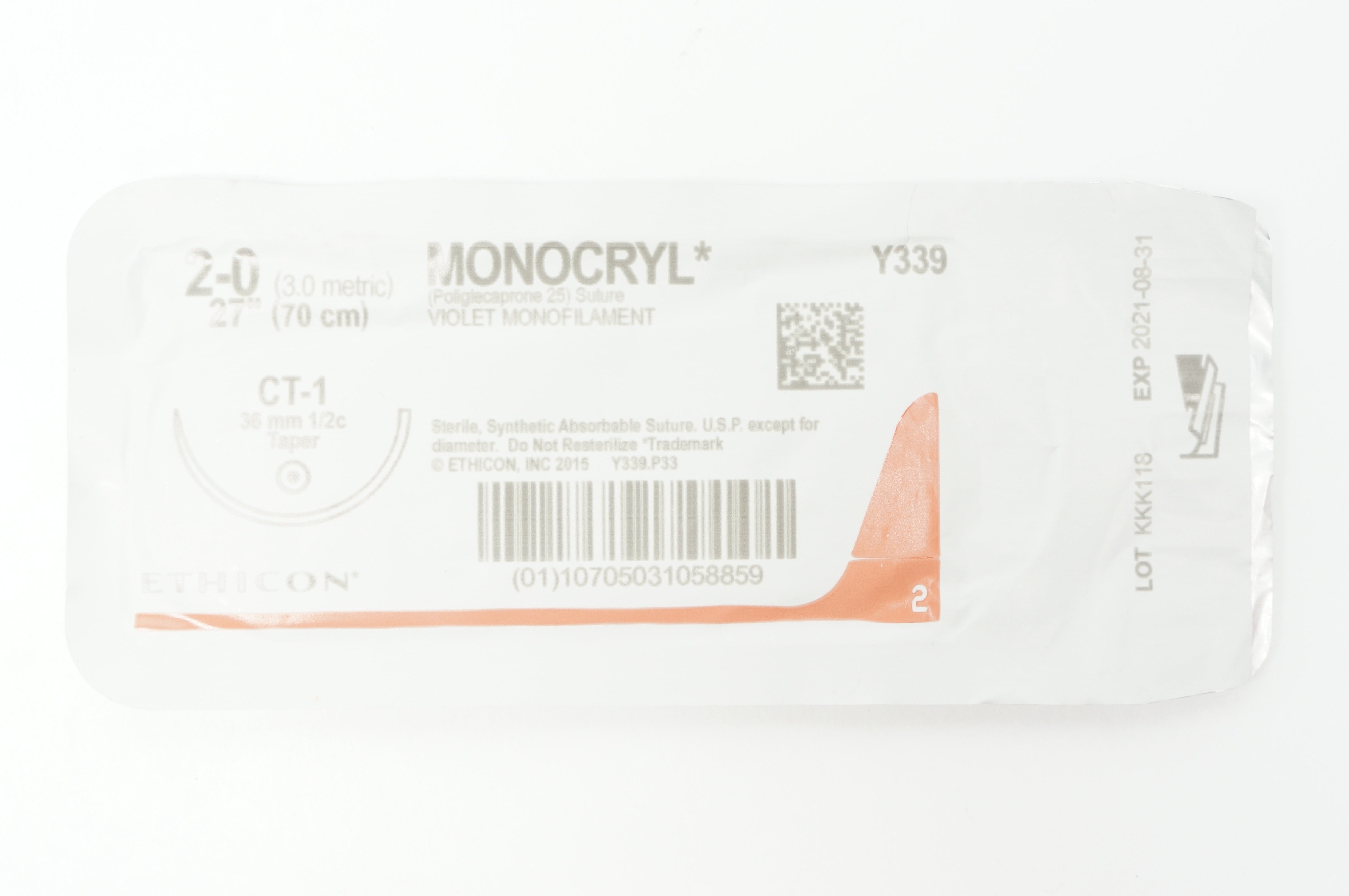 Ethicon Y399 2-0 MONOCRYL Violet Monofilament CT-1 36mm 1/2c Taper, 27inch