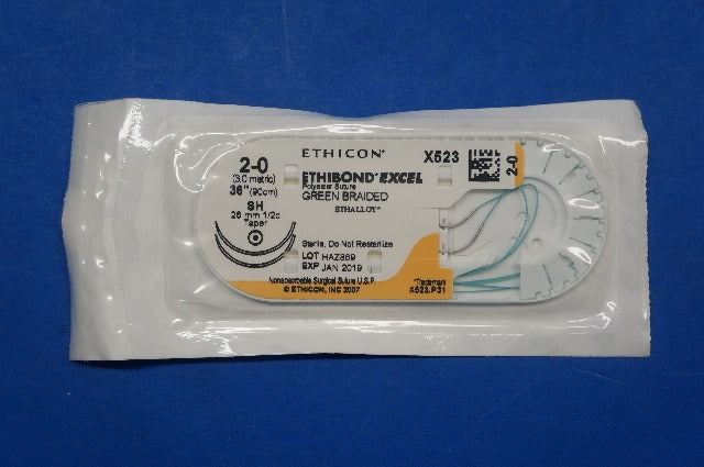 Ethicon X523 2-0 ETHIBOND EXCEL, SH 26mm 1/2c Taper, Green Braided, 36