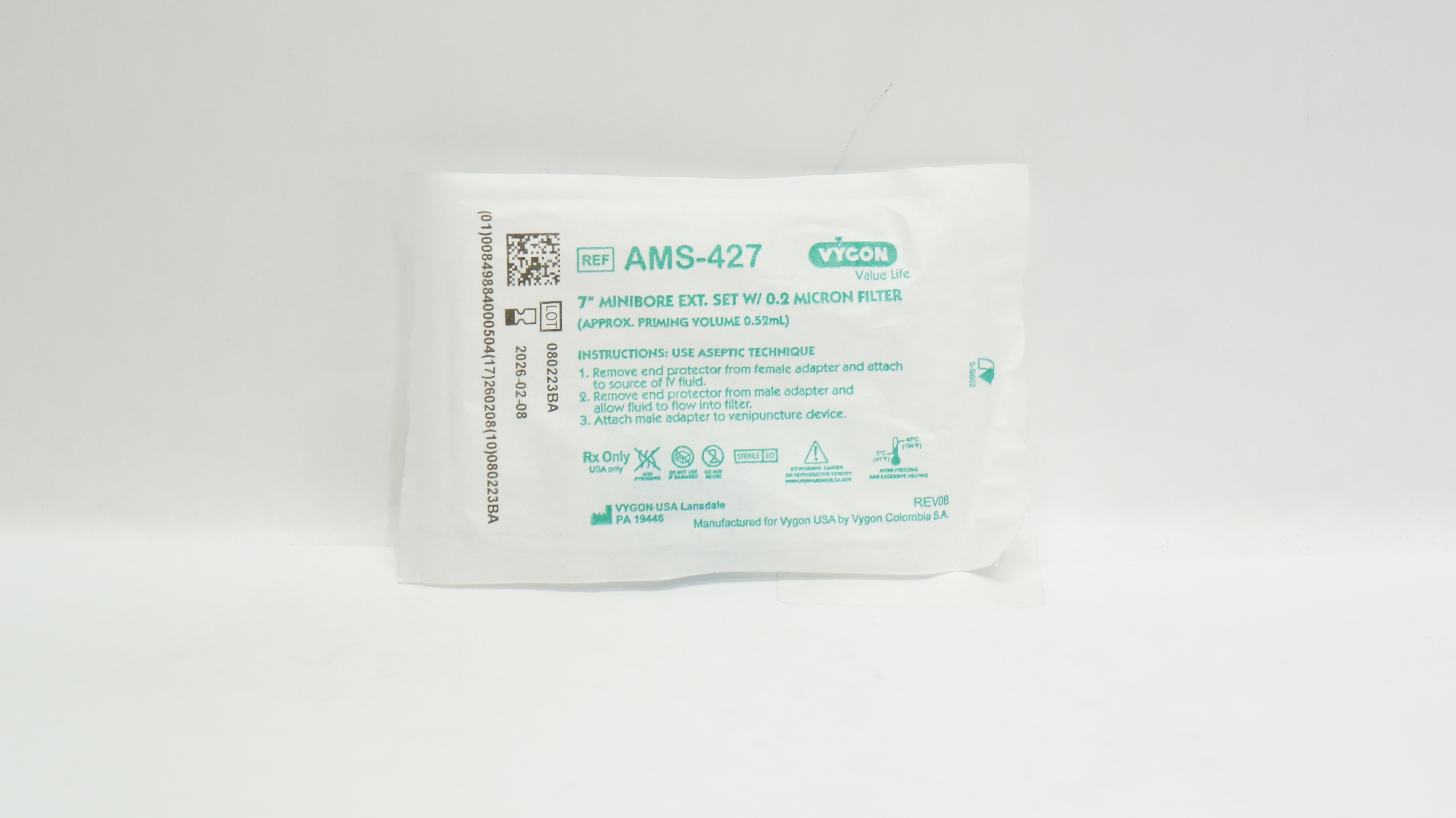 Vygon AMS-427 Value Life 7inch Minibore Extension Set W/0.2 Micron Filter