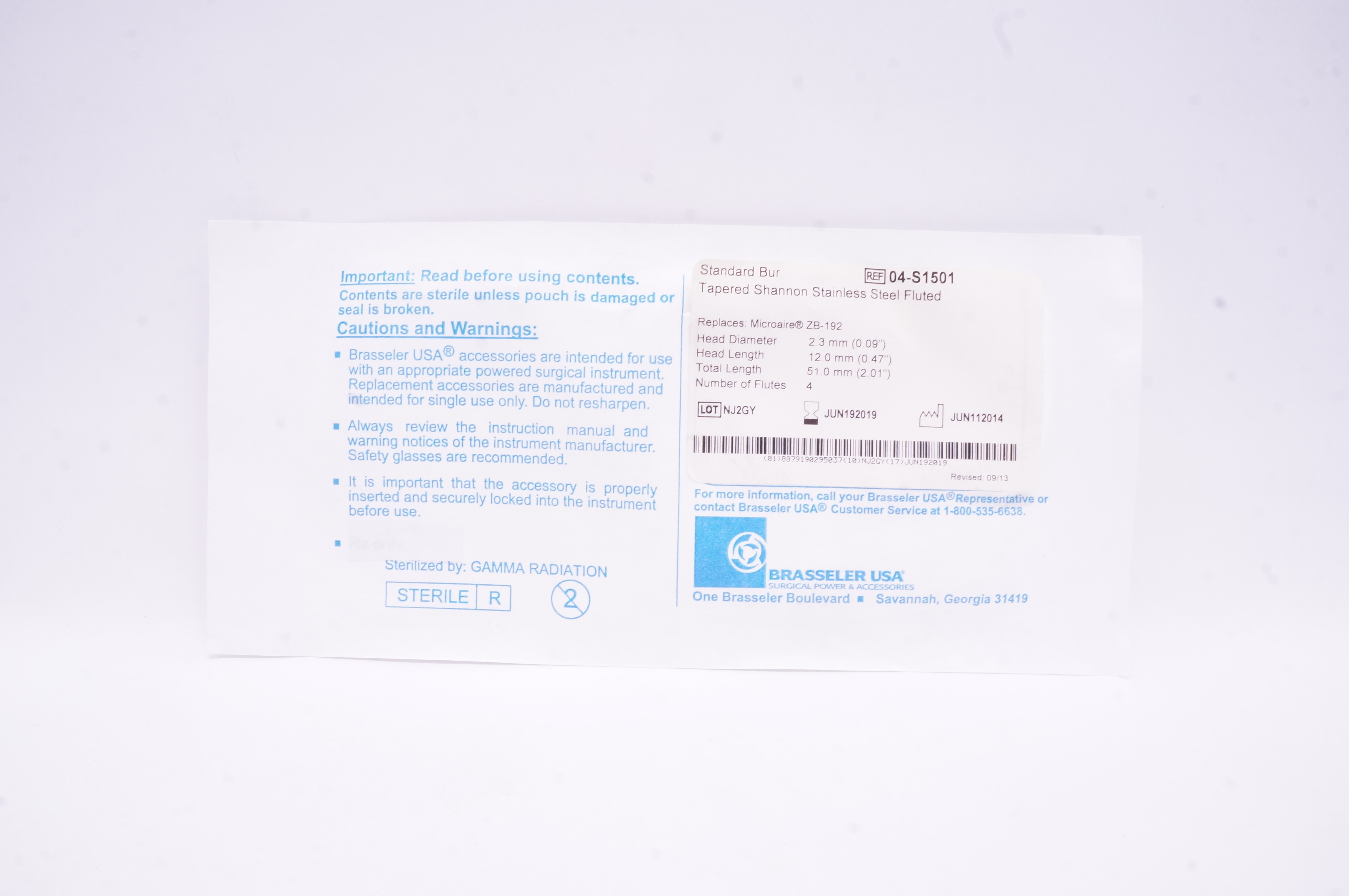 Brasseler 04-S1501 Standard Bur Tapered Shannon Fluted 0.09 x 0.47 x 2.01inch(x)