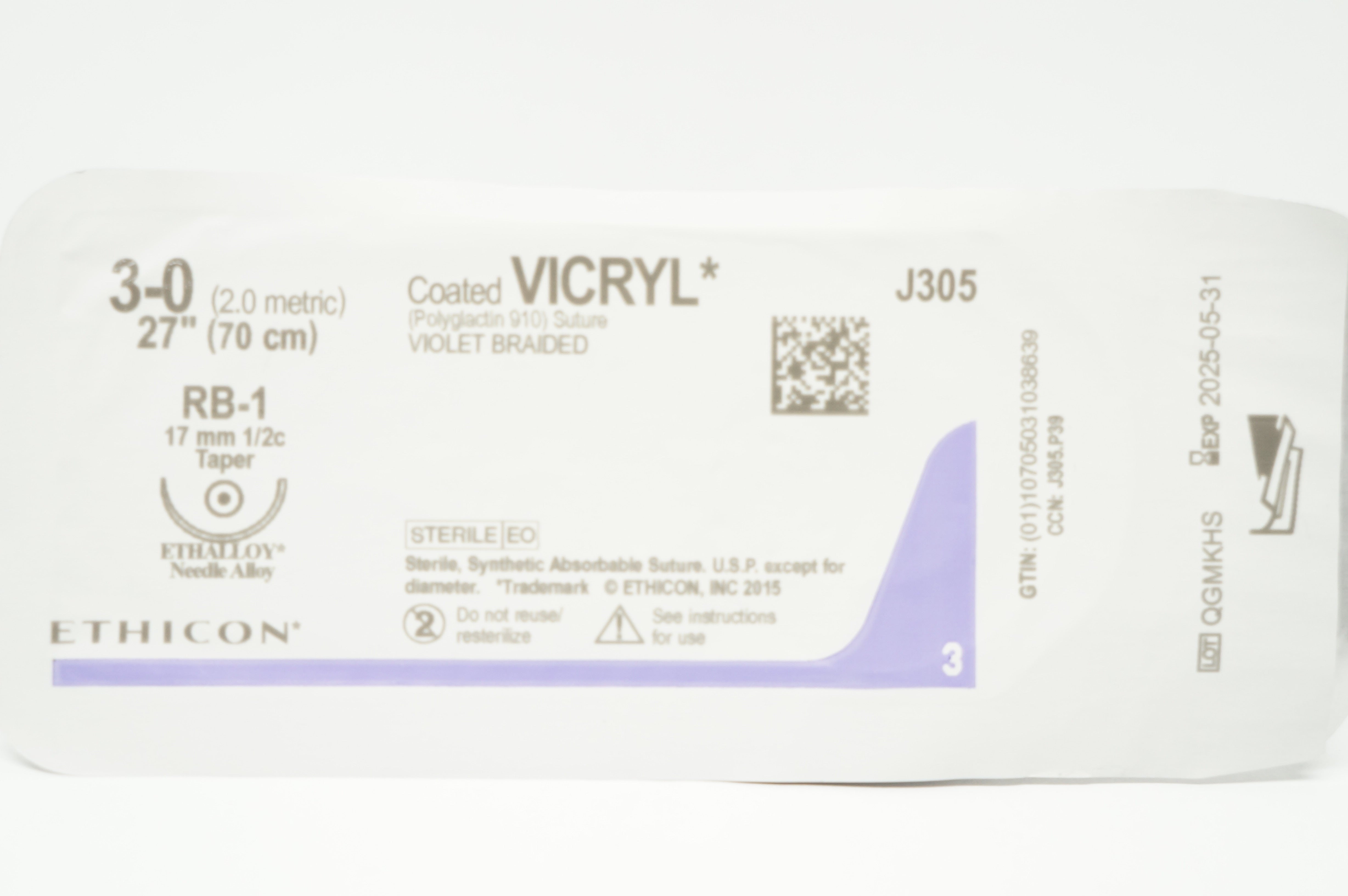 Ethicon J305 3-0 Coated VICRYL, RB-1, 17mm 1/2c Taper, 27inch