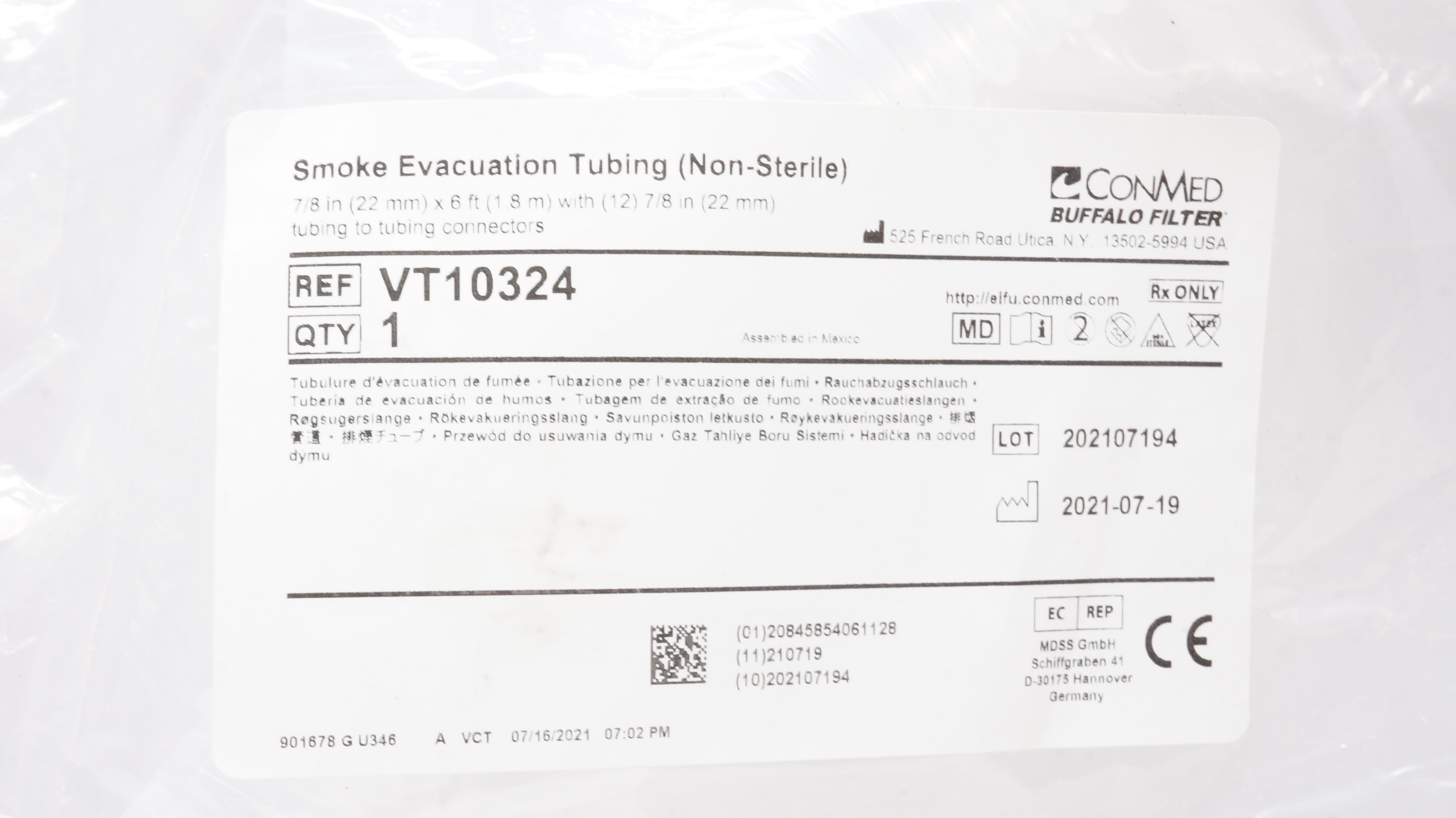 ConMed VT10324 Smoke Evacuation Tubing 7/8inch x 6ft. with 7/8inch Connectors