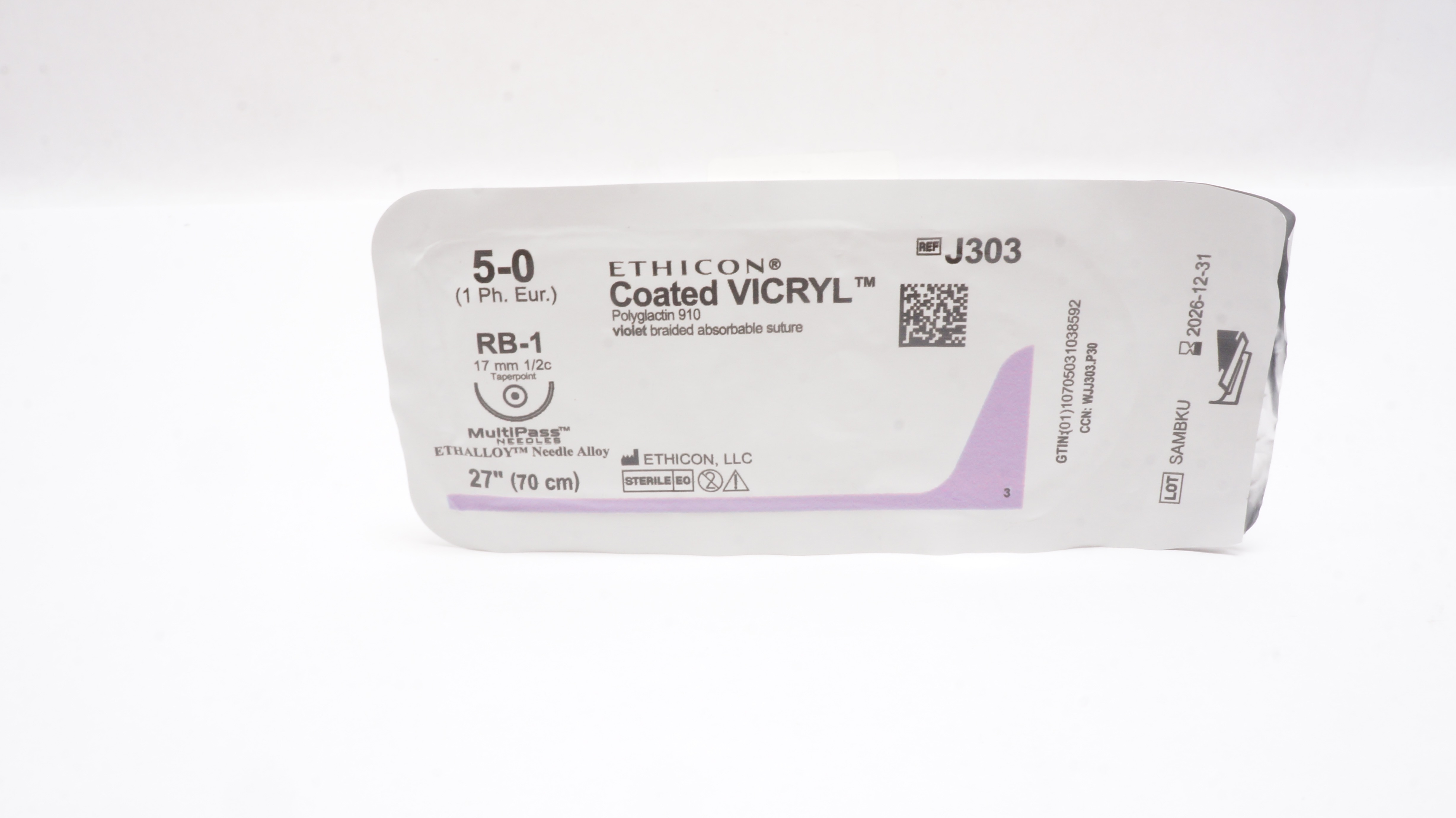 Ethicon J303 5-0 Coated VICRYL, RB-1, 17mm 1/2c Taperpoint, 27inch