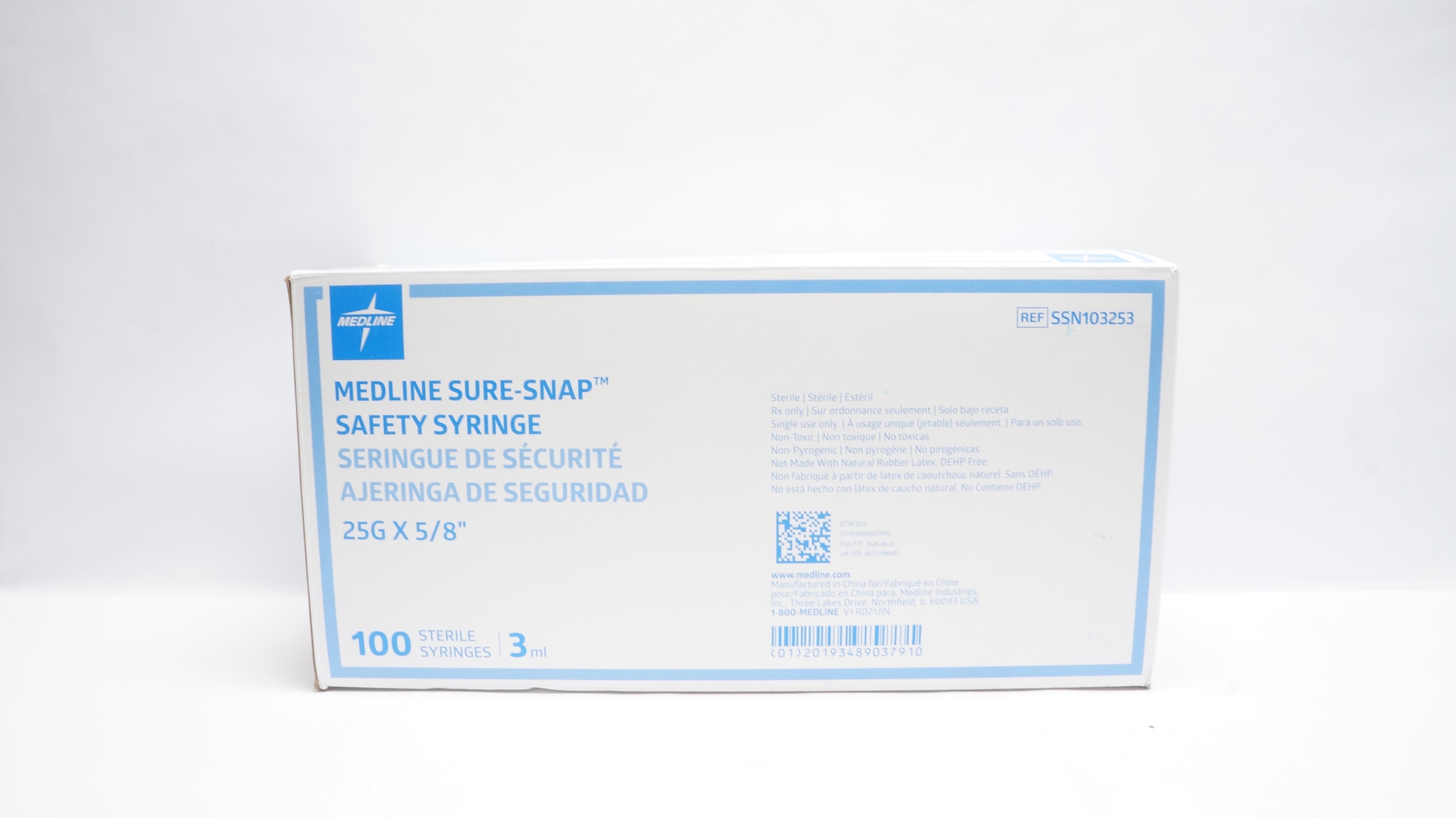 Medline SSN103253 Sure-Snap Safety Syringe 3ml 25G x 5/8inch - Box of 100