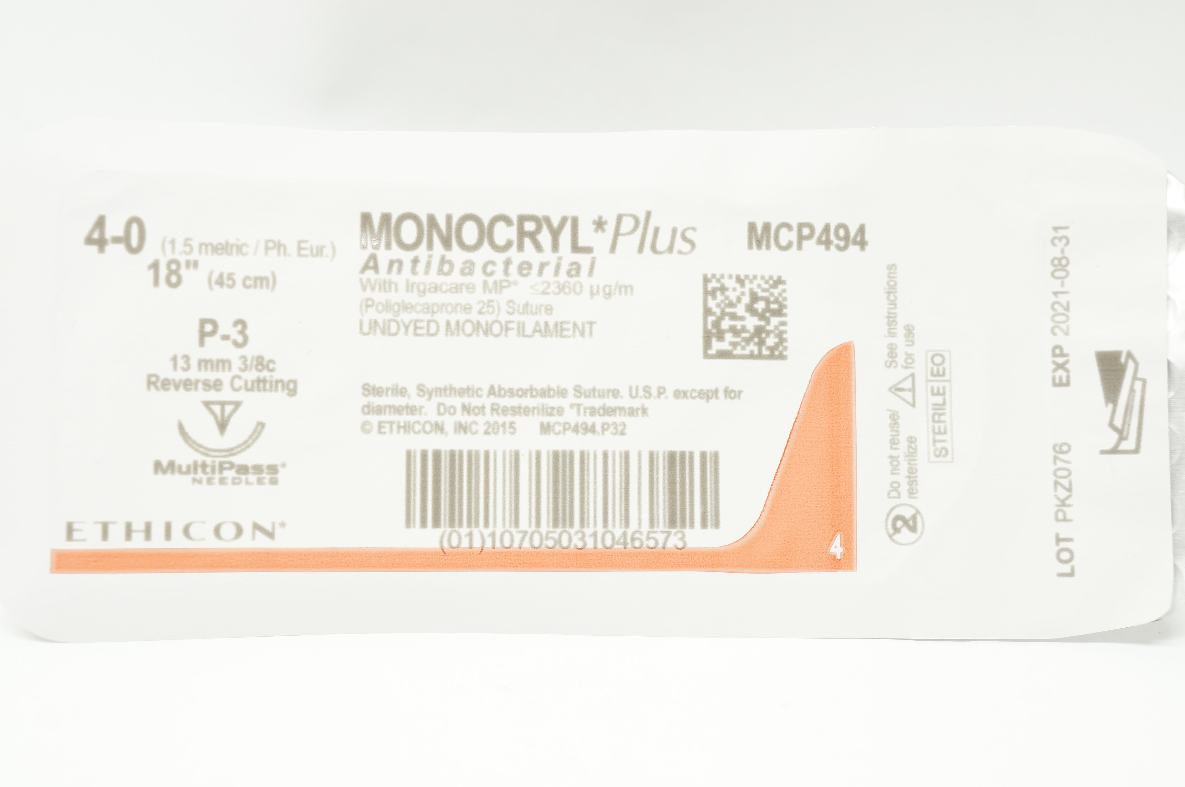 Ethicon MCP494 4-0 MONOCRYL Plus P-3 13mm 3/8c Reverse Cutting, 18inch (x)