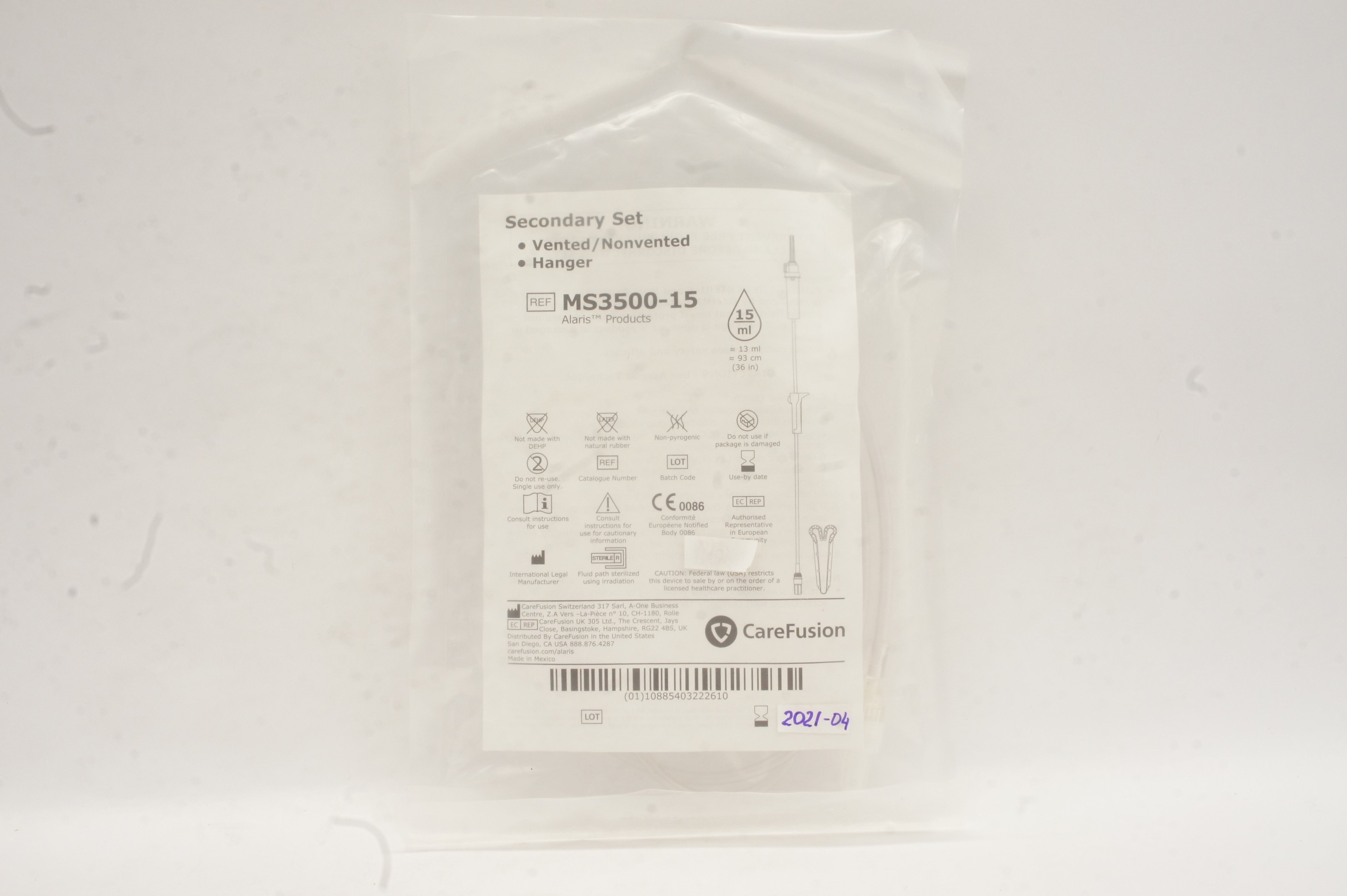 BD MS3500-15 Alaris Secondary Set Vented/Nonvented Hanger 15ml 36inch (x)