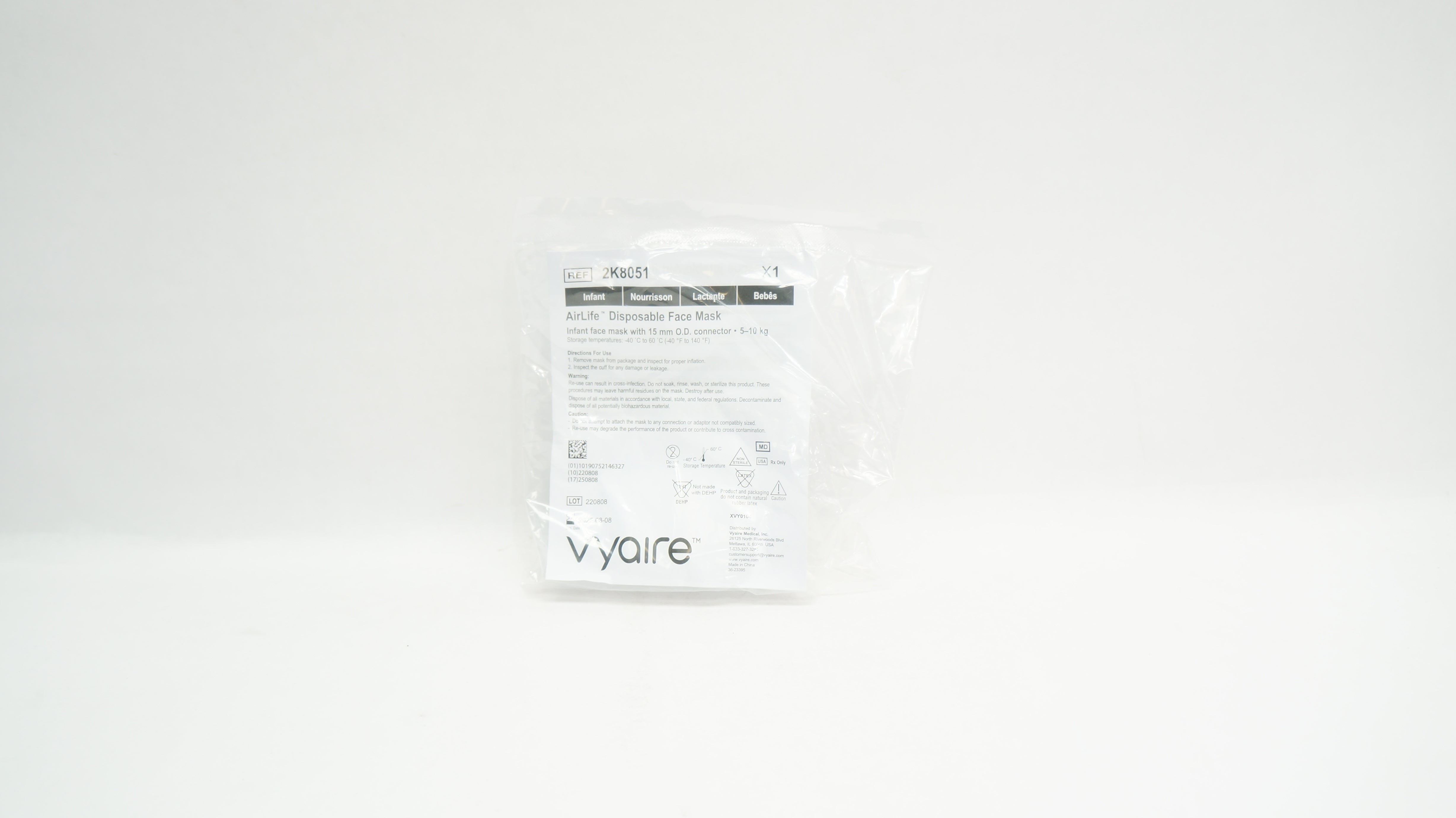 Vyaire 2K8051 AirLife Disposable Infant Face Mask w/15mm O.D. Connector 5-10kg