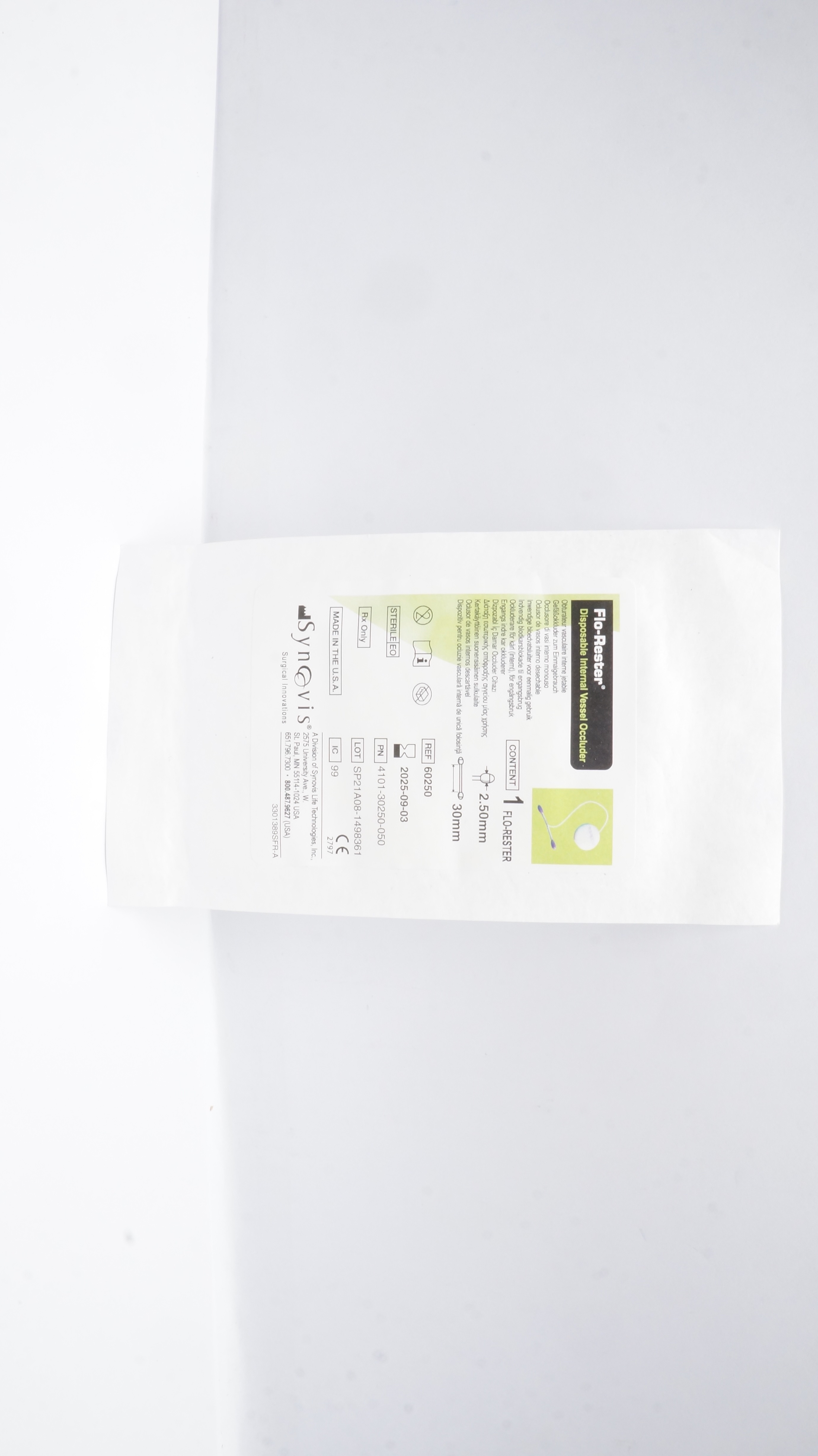 Synovis 60250 Flo-Rester Disposable Internal Vessel Occluder 2.50mm x 30mm