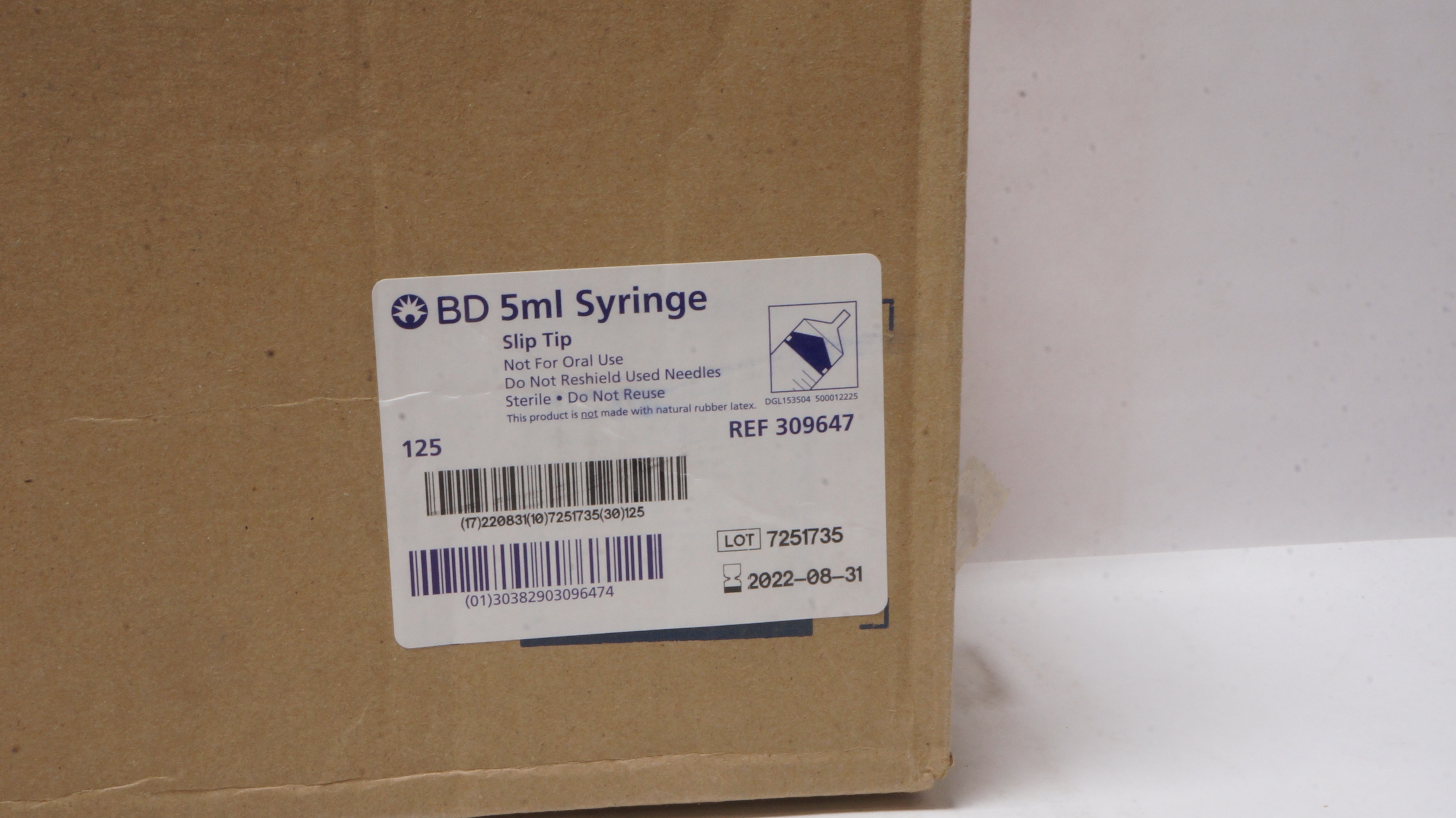 BD 309647 Slip Tip Syringe 5mL (x) - Case of 125
