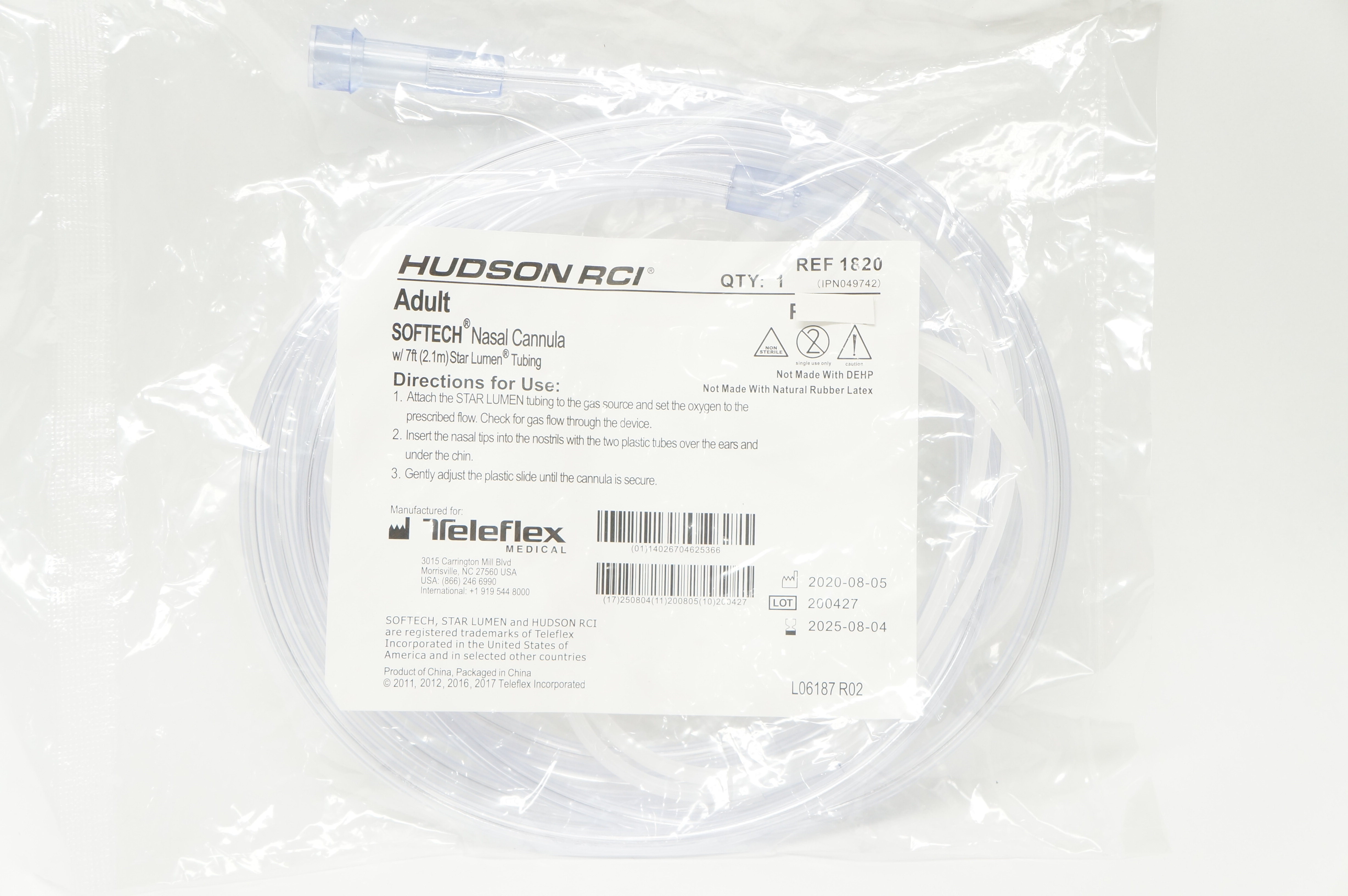 Teleflex 1820 Hudson RCI Softech Adult Nasal Cannula w/7ft Star Lumen Tubing