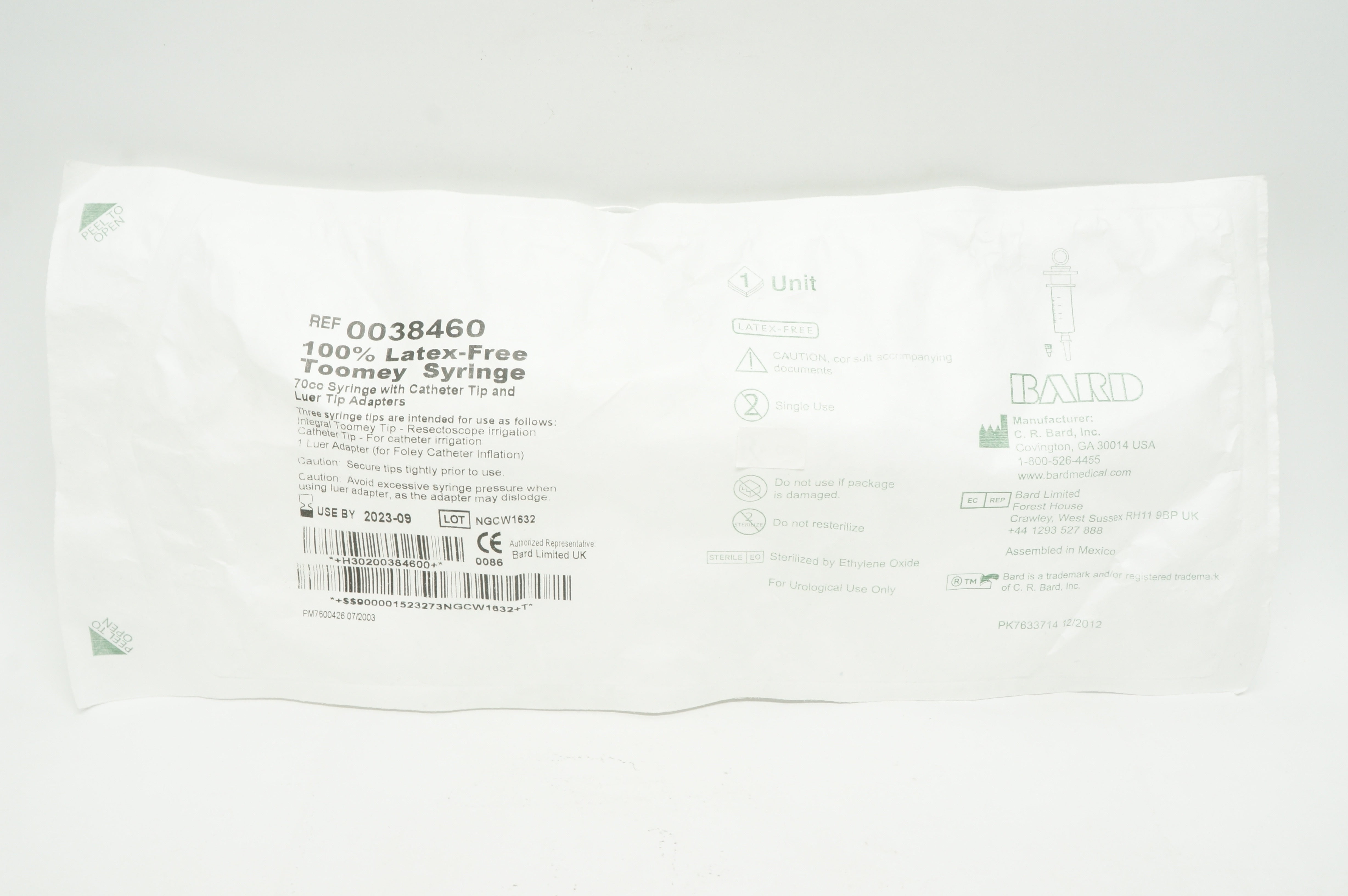 Bard 0038460 Toomey Syringe 70cc With Cath. Tip and Luer Tip Adapters