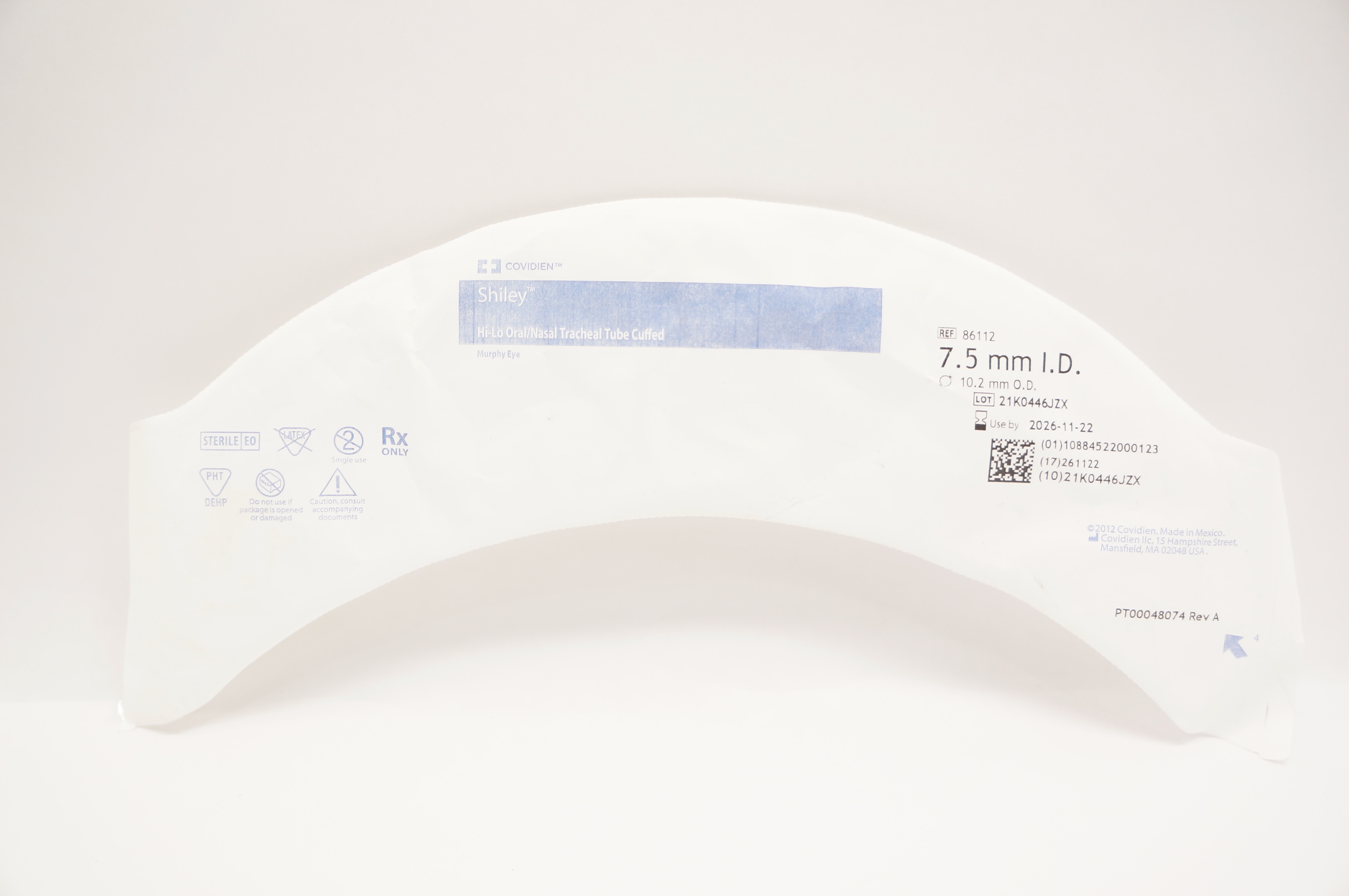 Covidien 86112 Shiley Hi-Lo Oral/Nasal Tracheal Tube Cuffed 7.5mm ID x 10.2mm OD