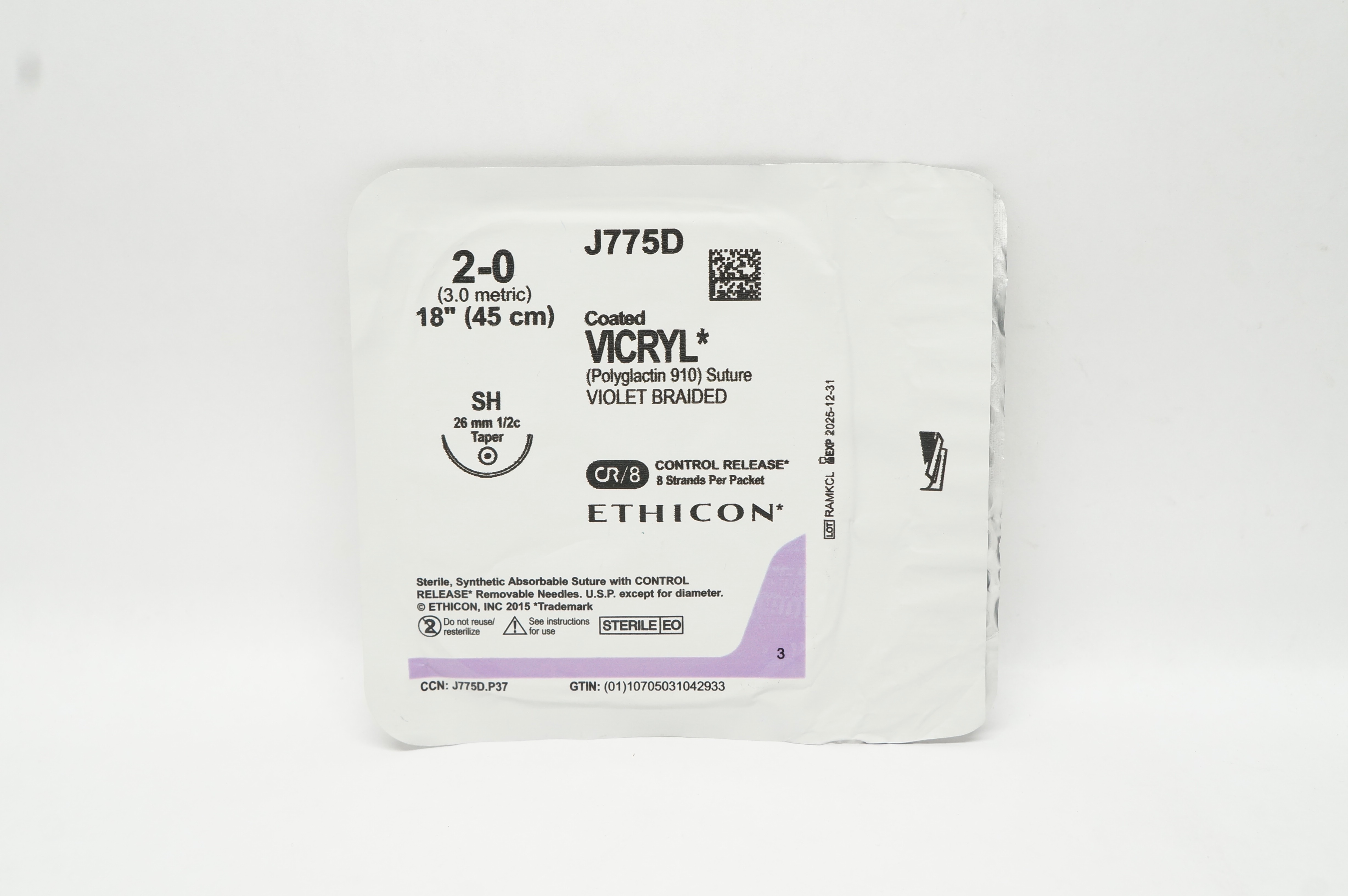 Ethicon J775D 2-0 Coated VICRYL (Polyglactin 910) Stre SH 26mm 1/2c Taper 18inch