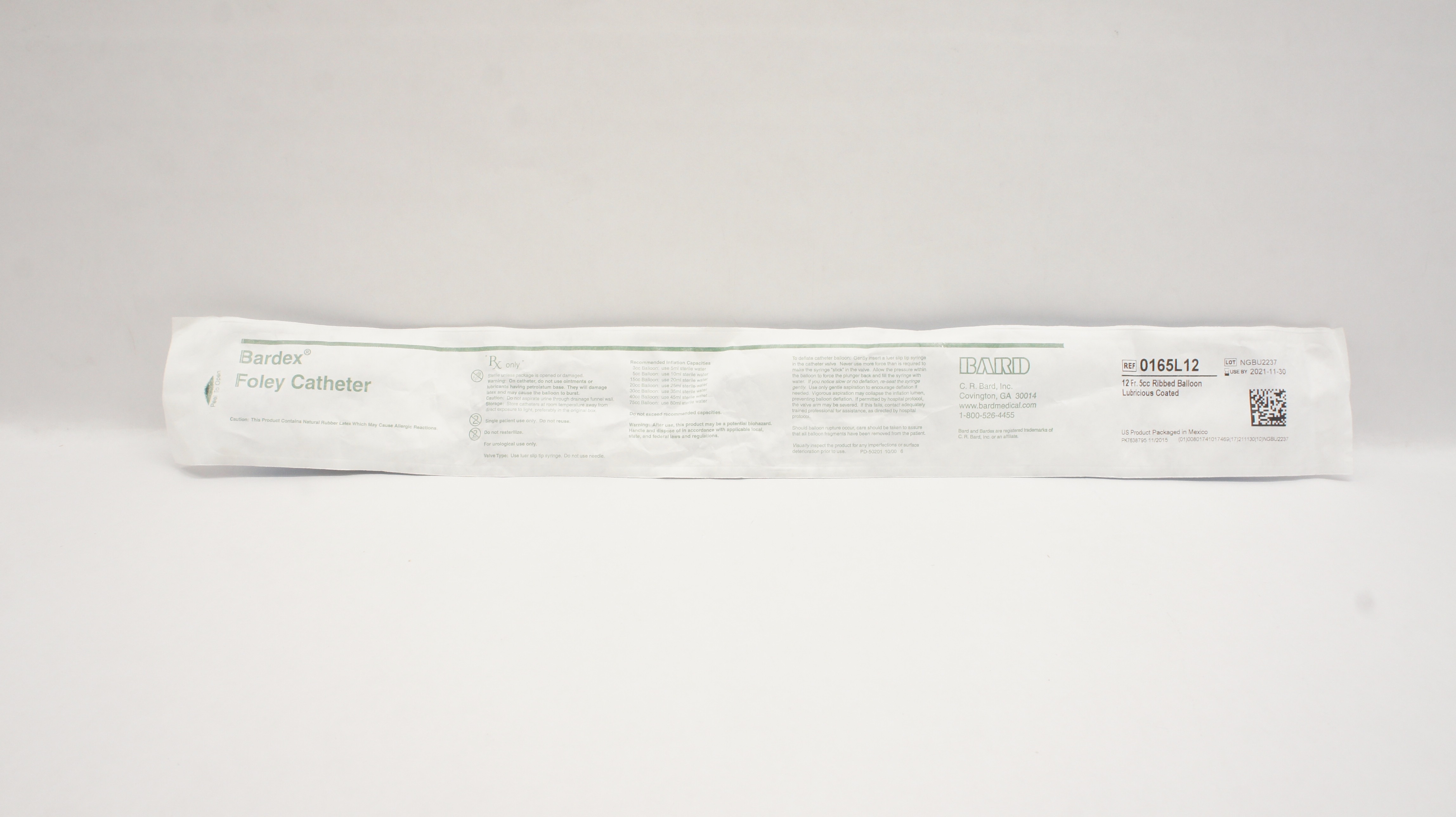 Bard 0165L12 Bardex Foley Cath. Ribbed Balloon Lubricious Coated 12Fr x 5cc(x)