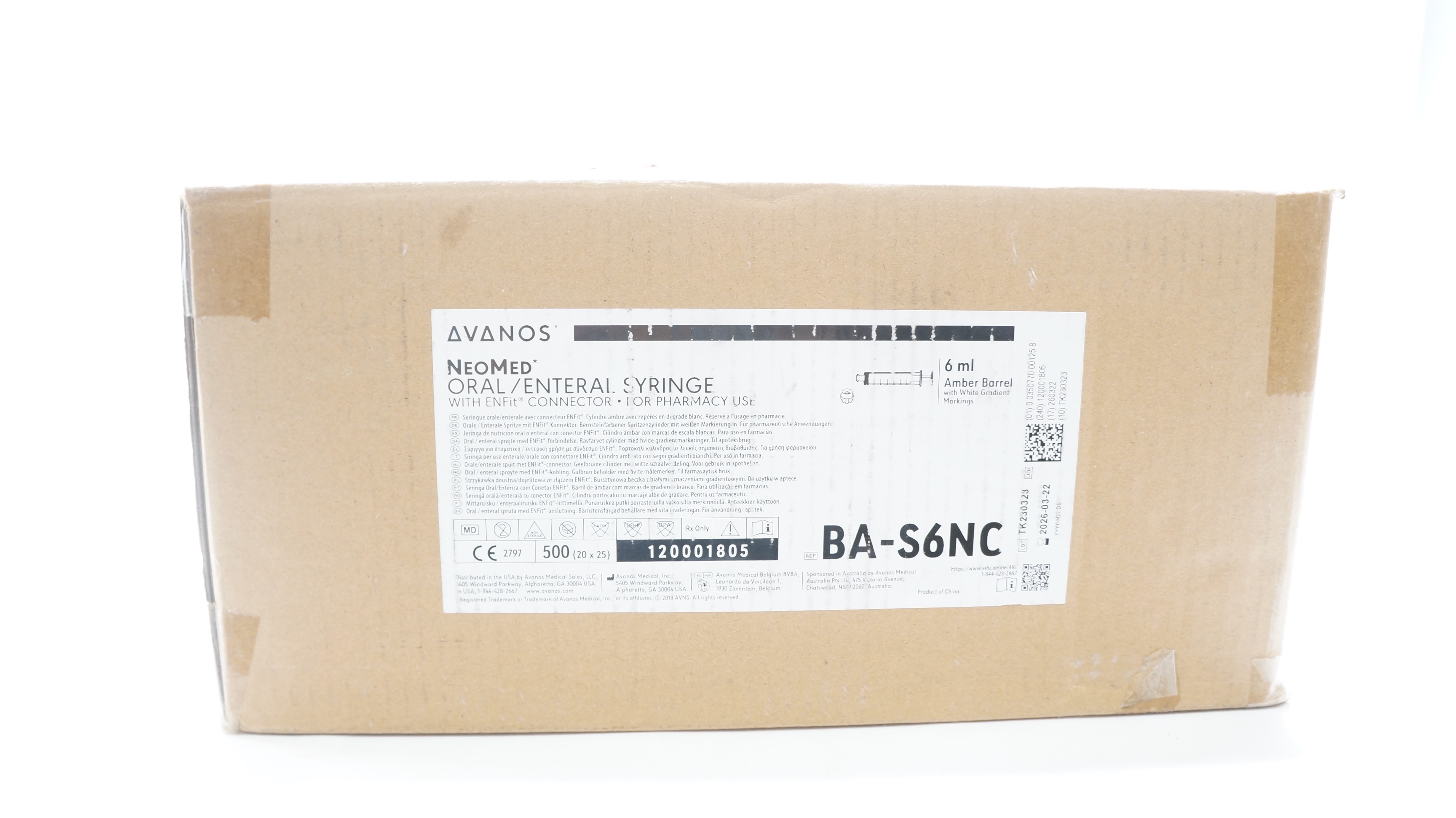 Avanos BA-S6NC-S NeoMed Oral/Enteral Syringe 6ml Amber Barrel - Box of 500