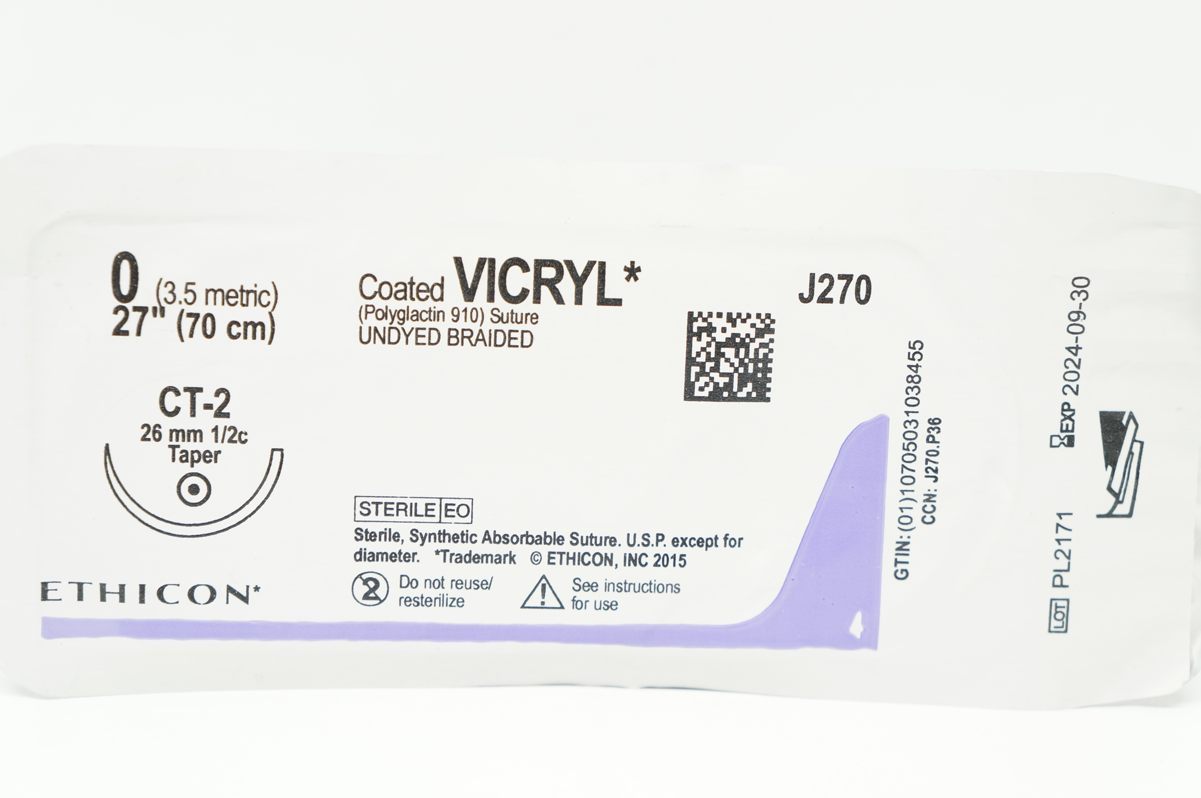 Ethicon J270 0 Coated VICRYL (Polyglactin 910) Stre CT-2 26mm 1/2c Taper 27inch