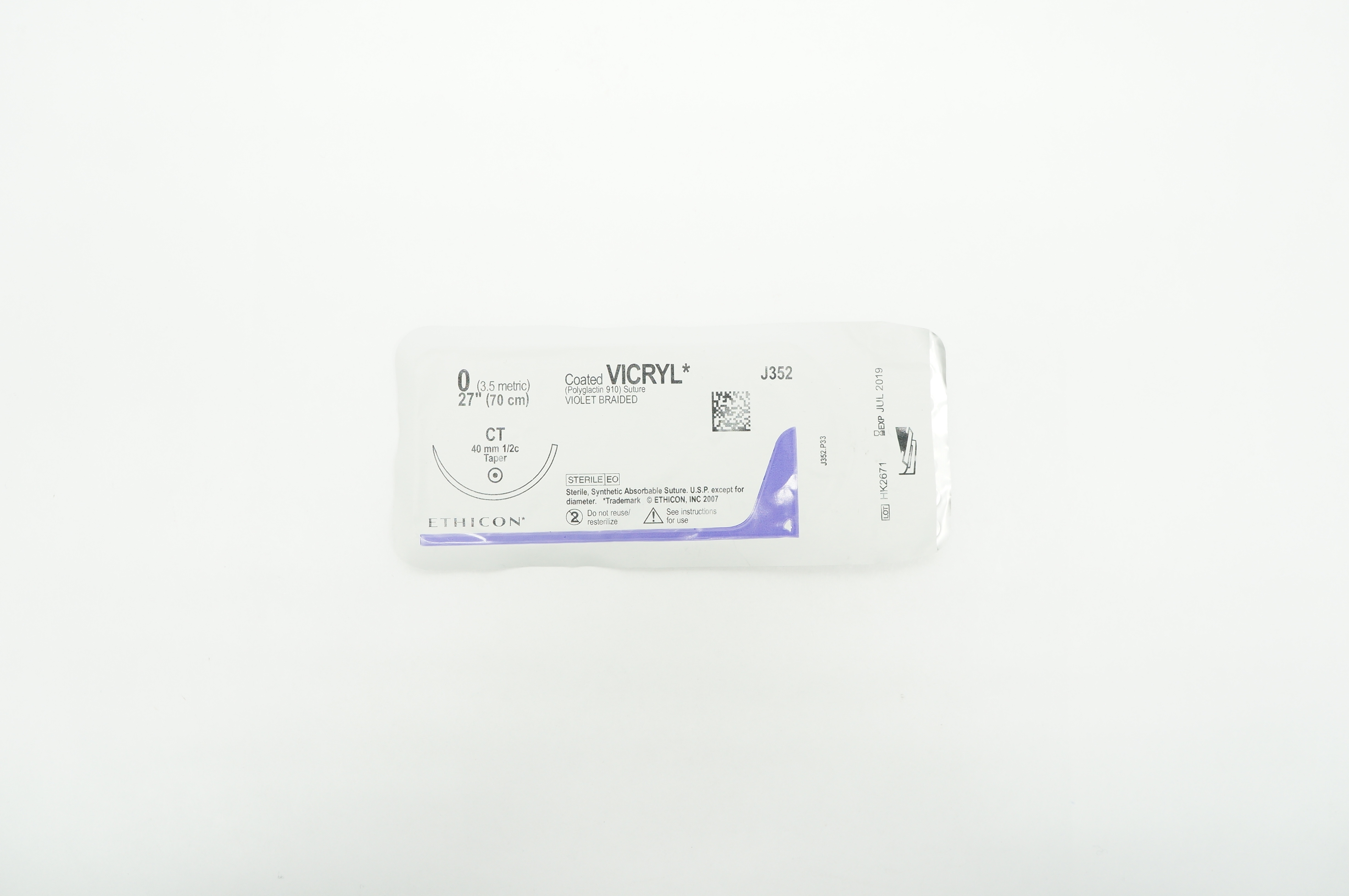 Ethicon J352 0 VICRYL CT 40mm 1/2c Taper 27inch (x)