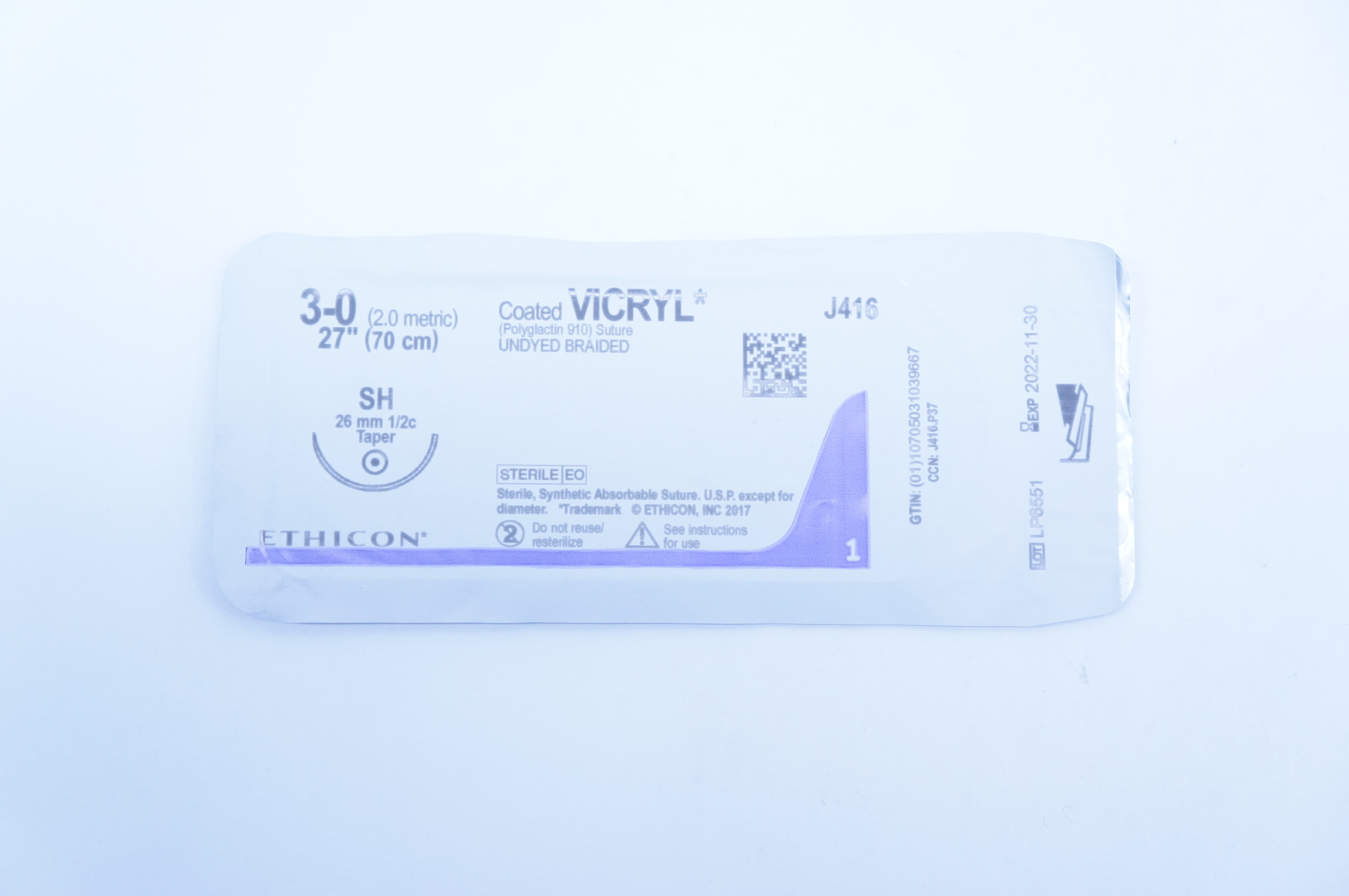Ethicon J416 3-0 Coated Vicryl Stre SH 26mm 1/2c Taper 27 inch