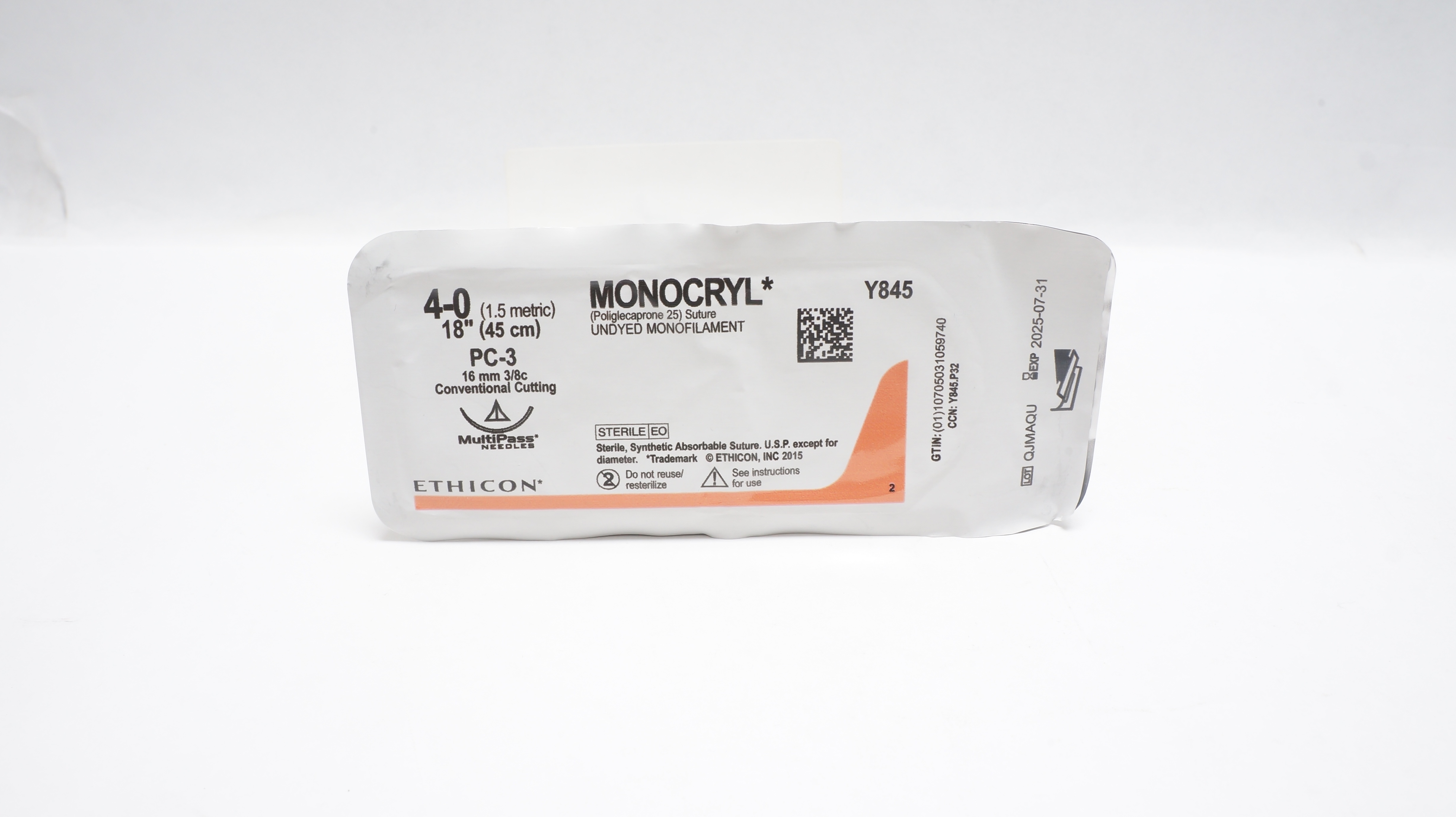 Ethicon Y845 4-0 Monocryl Stre PC-3 16mm 3/8c Conventional Cutting, 18 inch