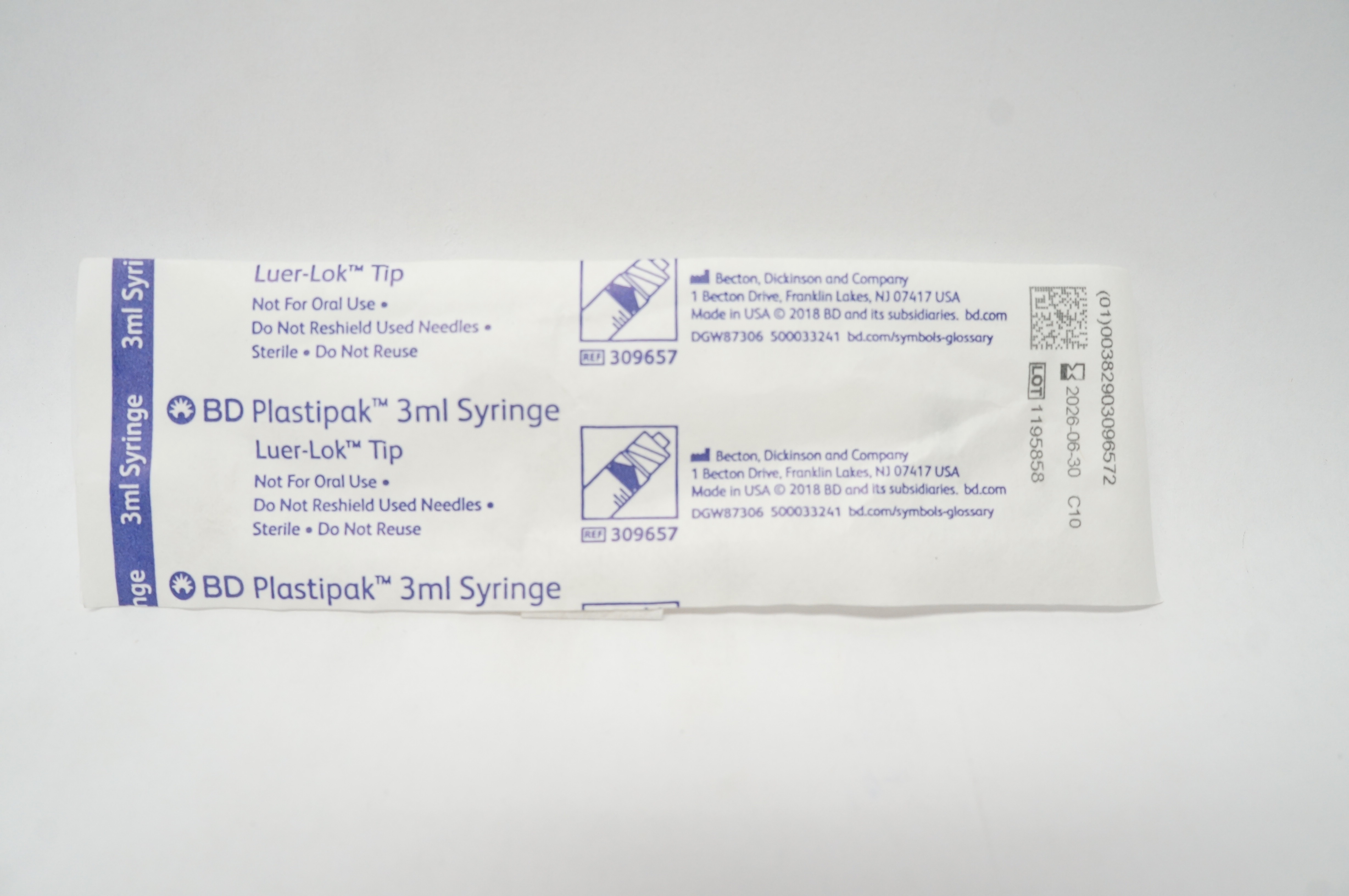 BD 309657 Plastipak Luer-Lok Tip, 3mL Syringe