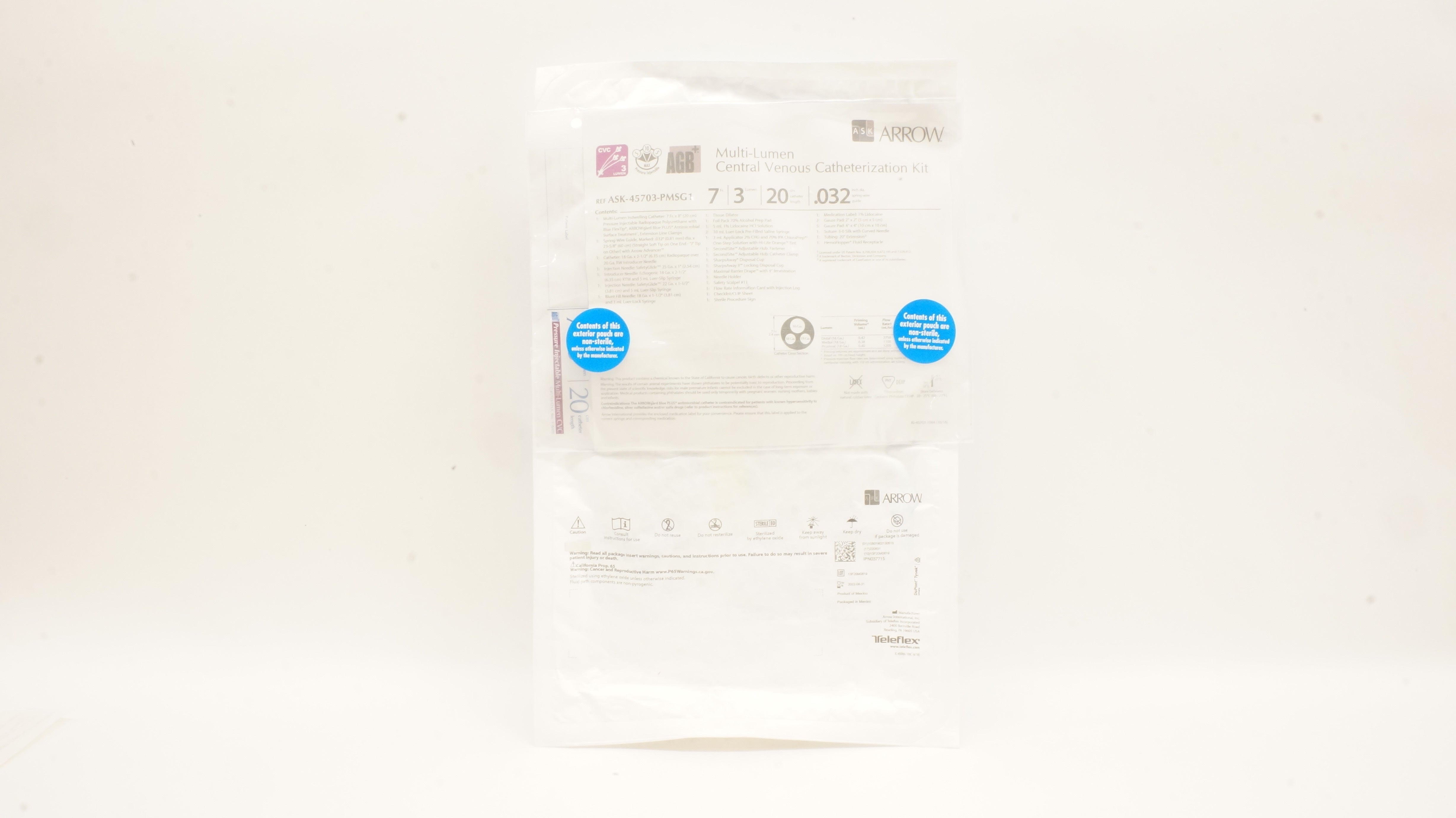 Arrow ASK-45703-PMSG1 Multi-Lumen Central Venous Catheterization Kit 7Fr x 20cm