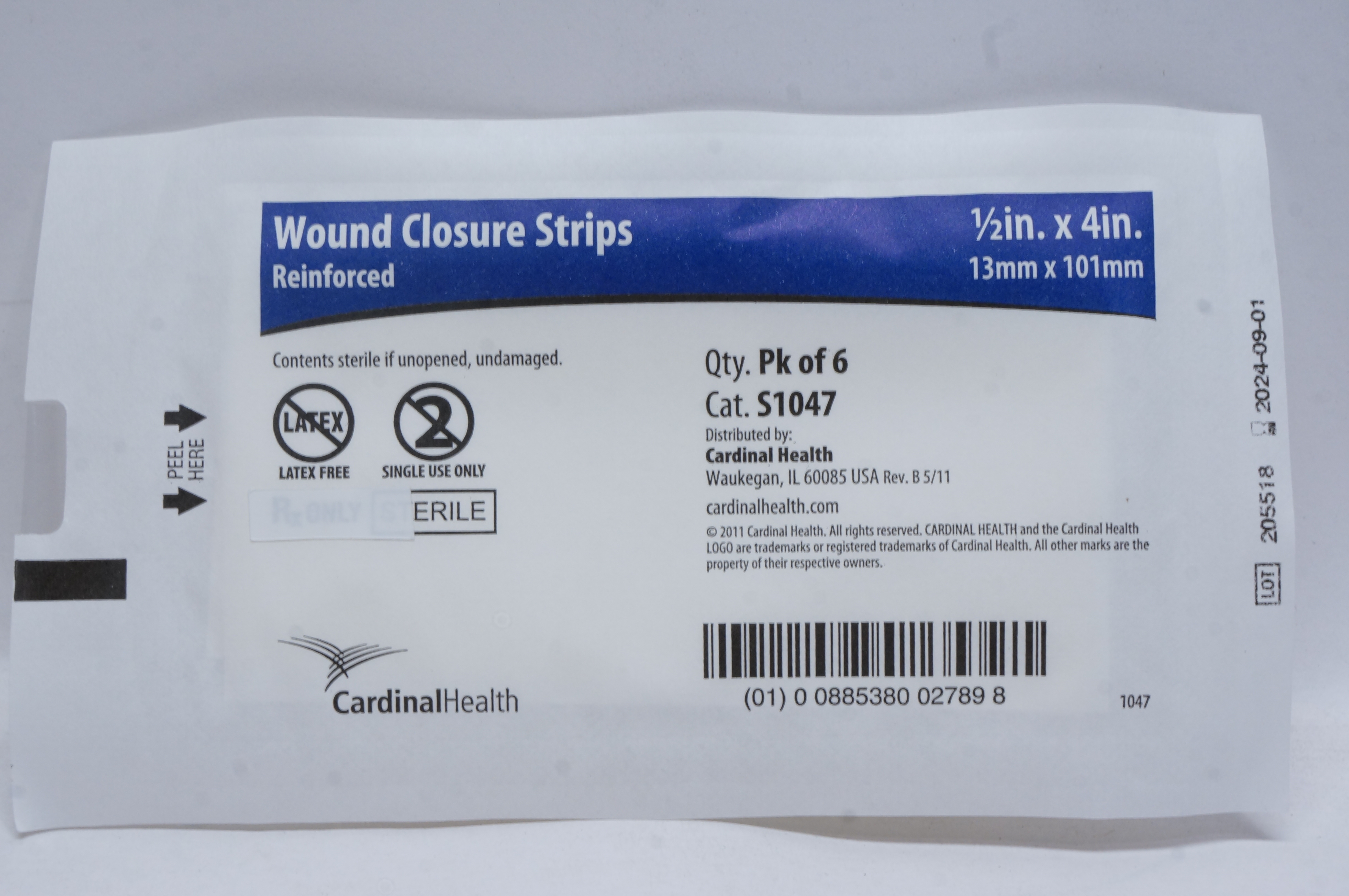 Cardinal Health S1047 Wound Closure Strips Reinforced 1/2inch x 4inch- Pack of 6