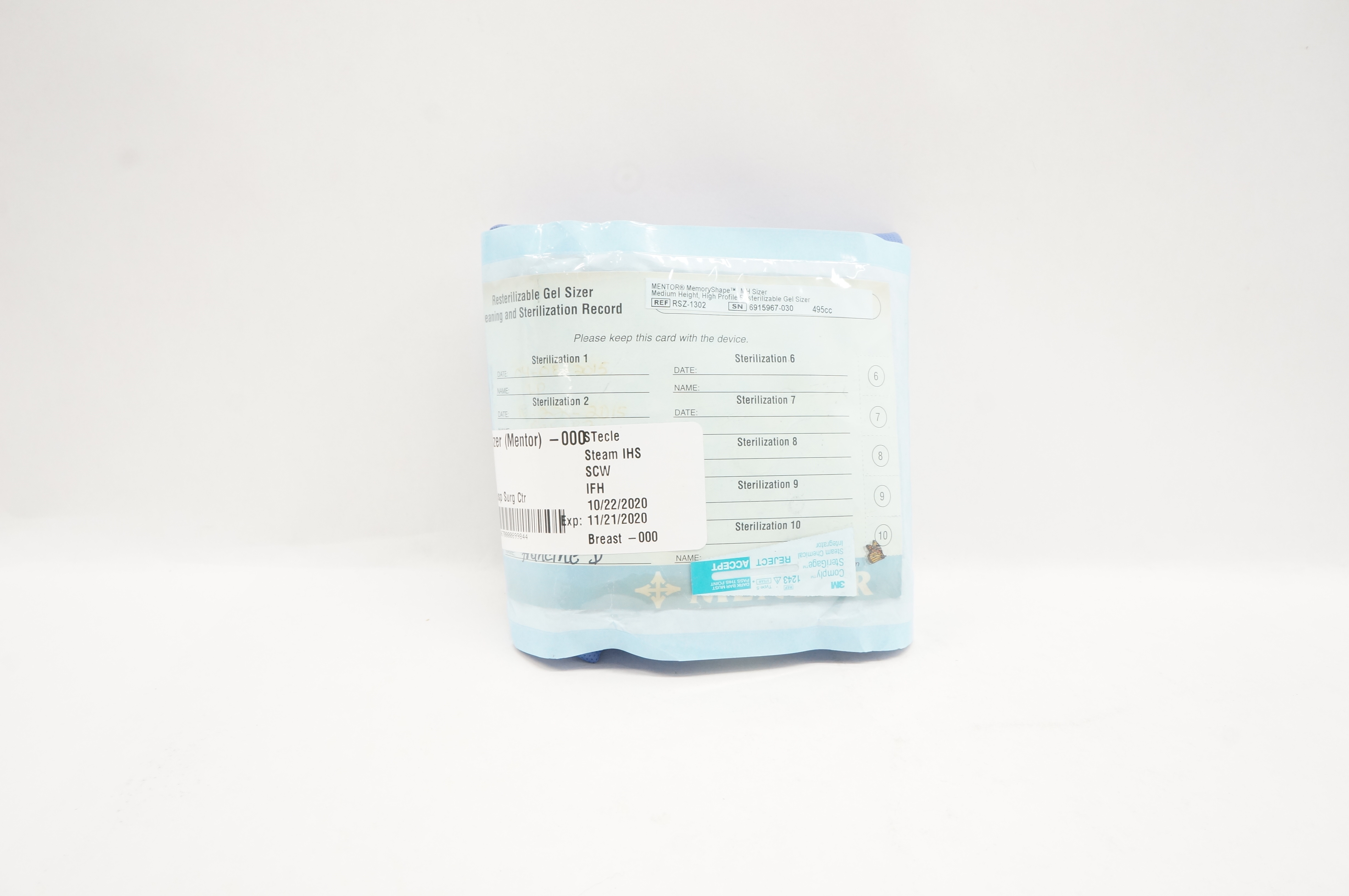 MENTOR RSZ-1302S MemoryShape MH Resterilizable Gel Sizer 495cc, 6.5cmx12.2cm (x)