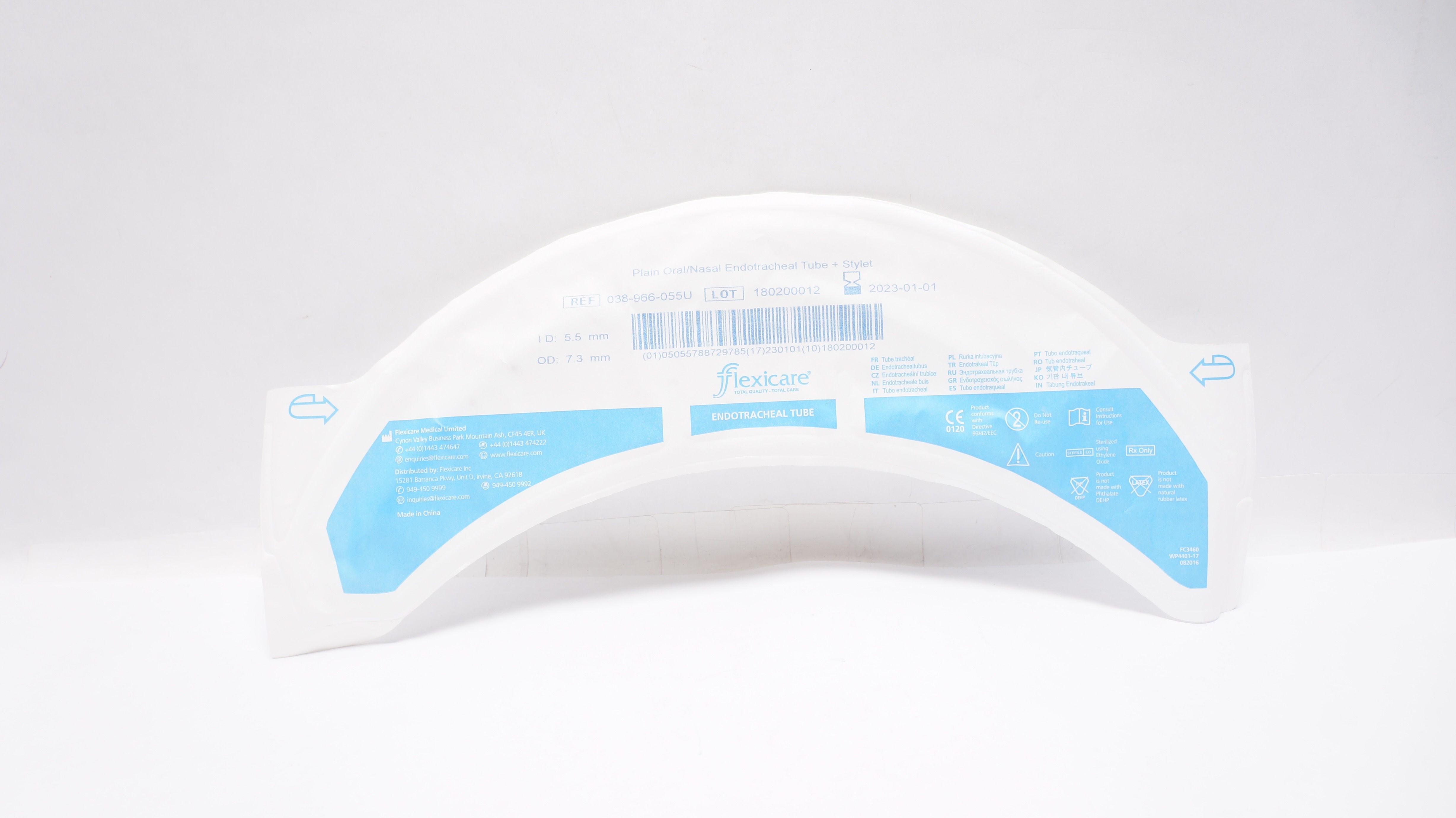 Flexicare 038-966-055U Plain Oral/Nasal ET Tube ID Size 5.5mm W/ Stylet (x)