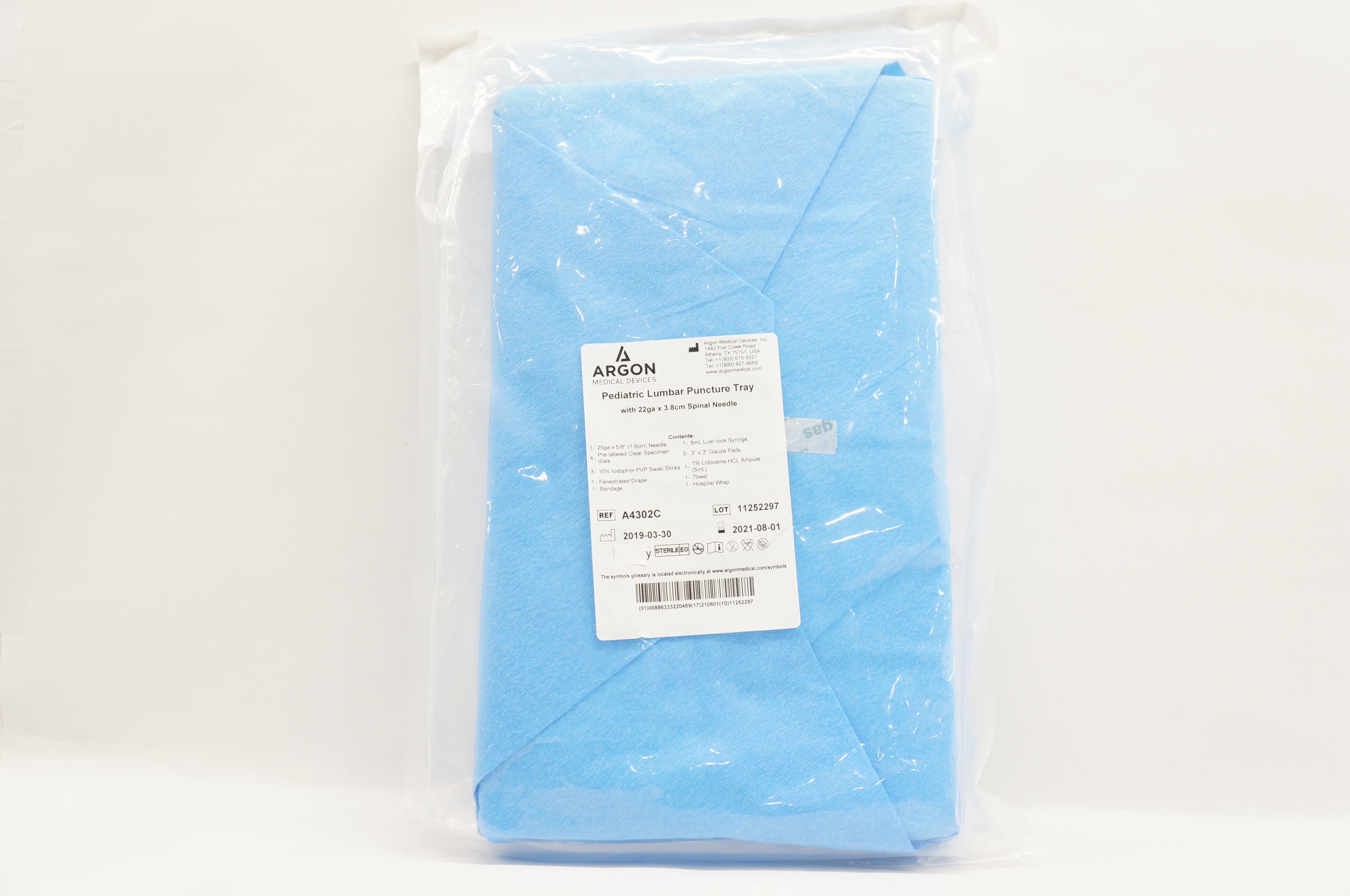 Argon A4302C Pediatric Lumbar Puncture Tray With 22 Ga x 38 cm Spinal Ndle. (x)