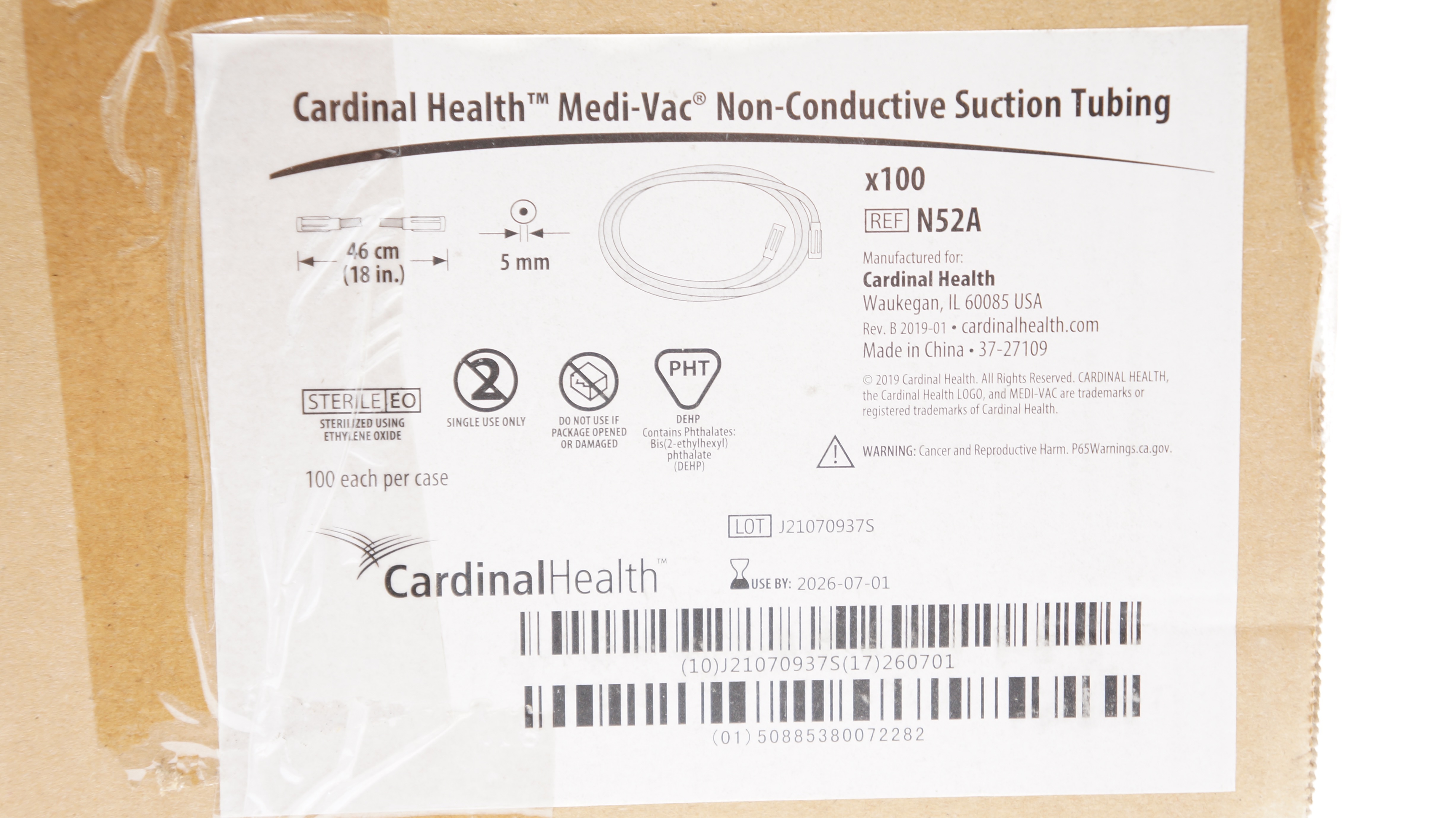Cardinal Health N52A Non-Conductive Suction Tubing 5mm x 18inch - Case of 100