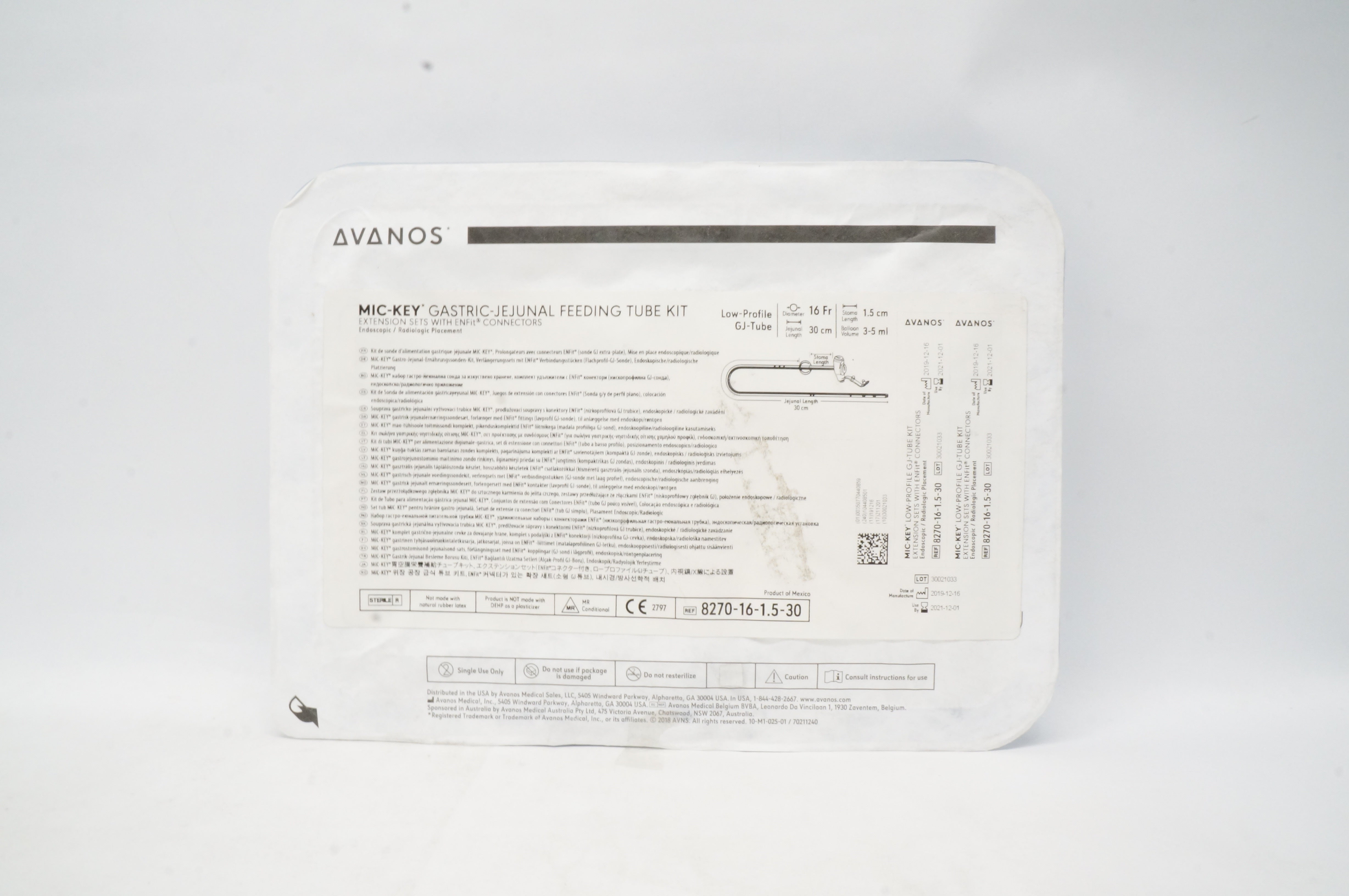 Avanos 8270-16-1.5-30 MIC-KEY Gastric-Jejunal Feeding Tube Kit 16F x 1.5cm