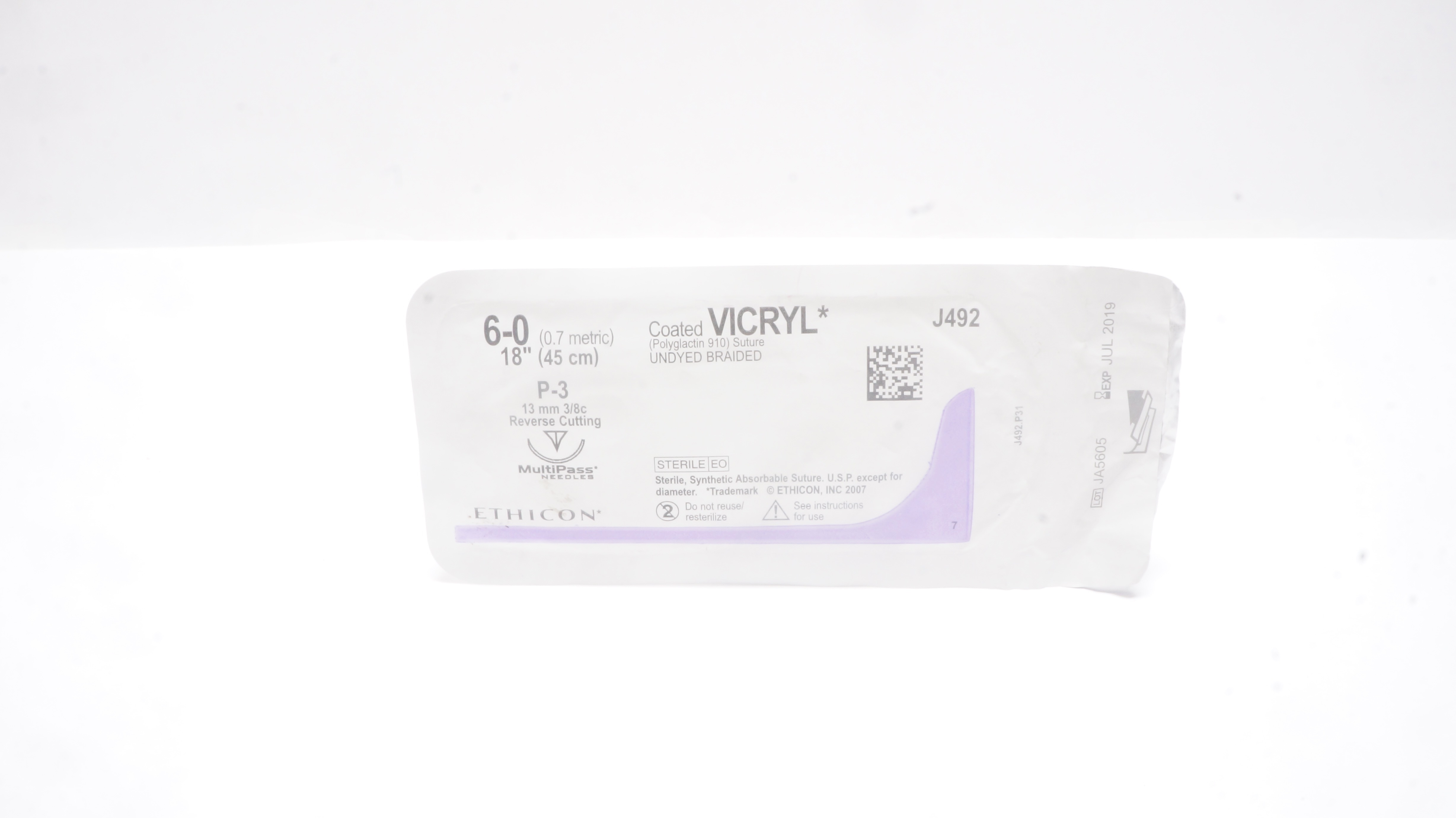Ethicon J492 6-0 Coated VICRYL Stre P-3 13mm 3/8c Reverse Cutting, 18inch (x)